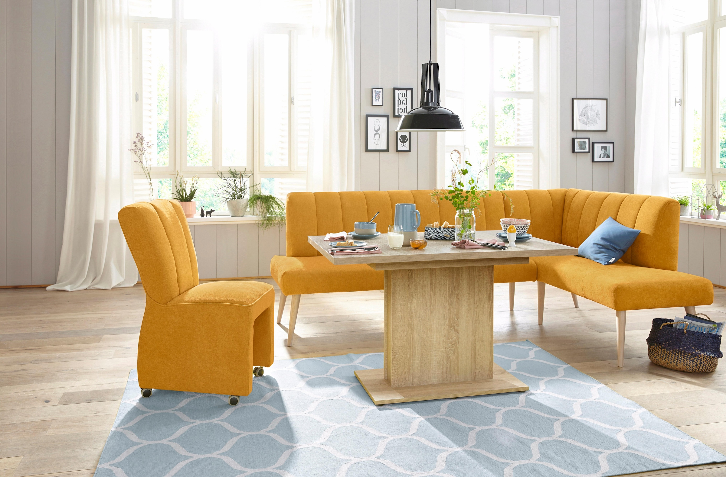 exxpo - sofa fashion Eckbank »Costa, moderne Rückensteppung, bequem und elegant, hoher Holzfuss«, hochwertig verarbeitet, Frei im Raum stellbar