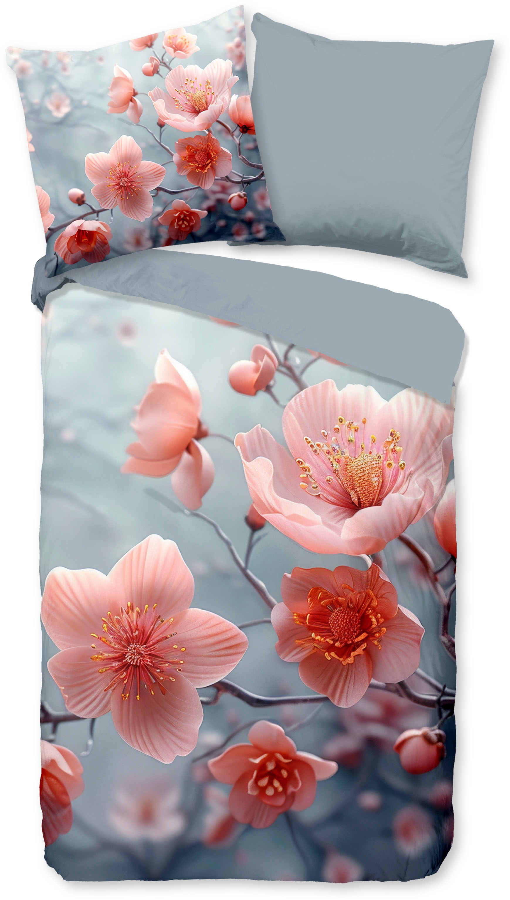 good morning Wendebettwäsche »Sartre«, Baumwolle, Renforcé, 135x200, Reissverschluss, Wendeoptik, Blumen, Grau