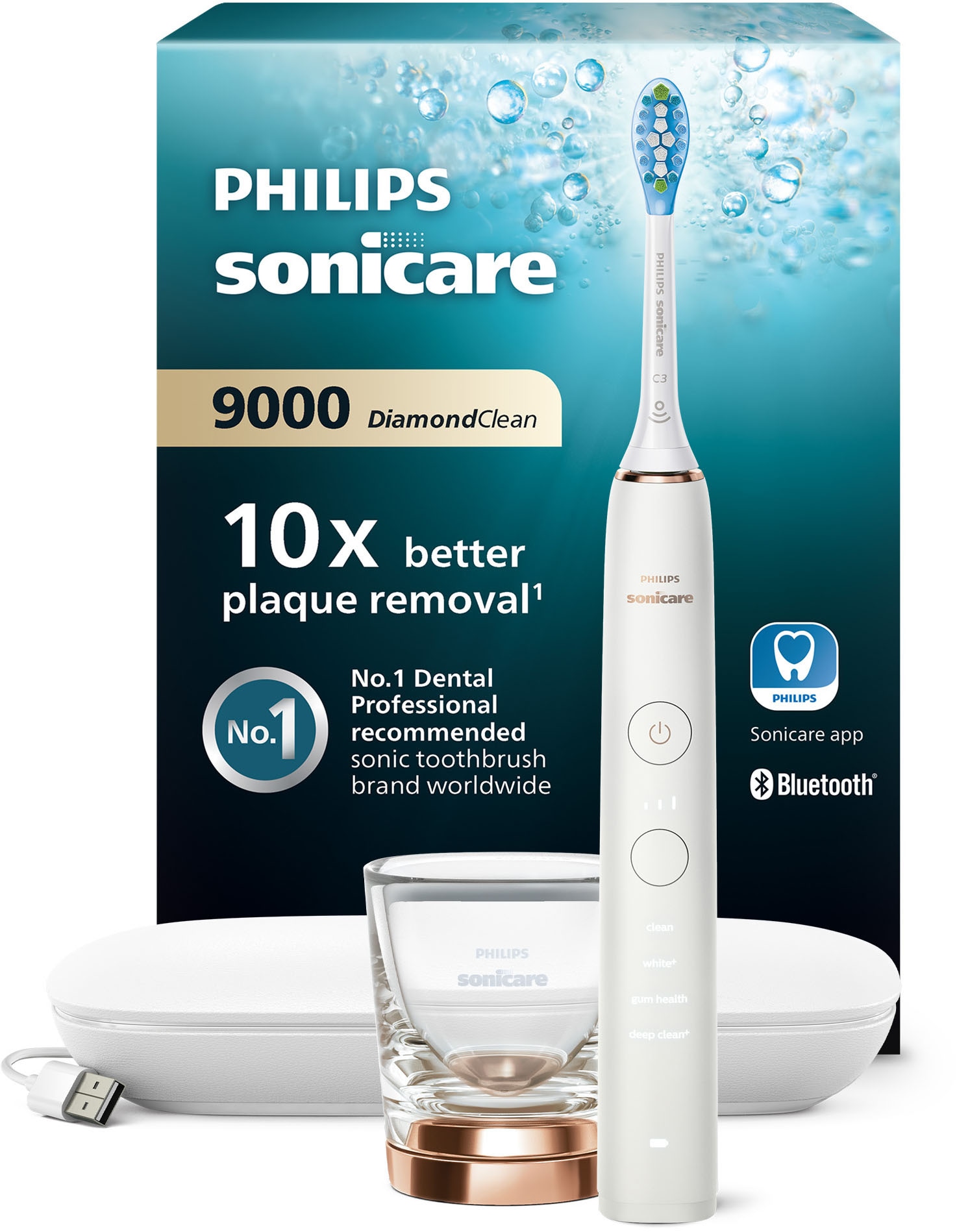 Philips Sonicare Elektrische Zahnbürste "DiamondClean 9000 HX9911" 1 Stk. Aufsteckbürsten mit Schalltechnologie, Ladeglass, USB-Reiseetui
