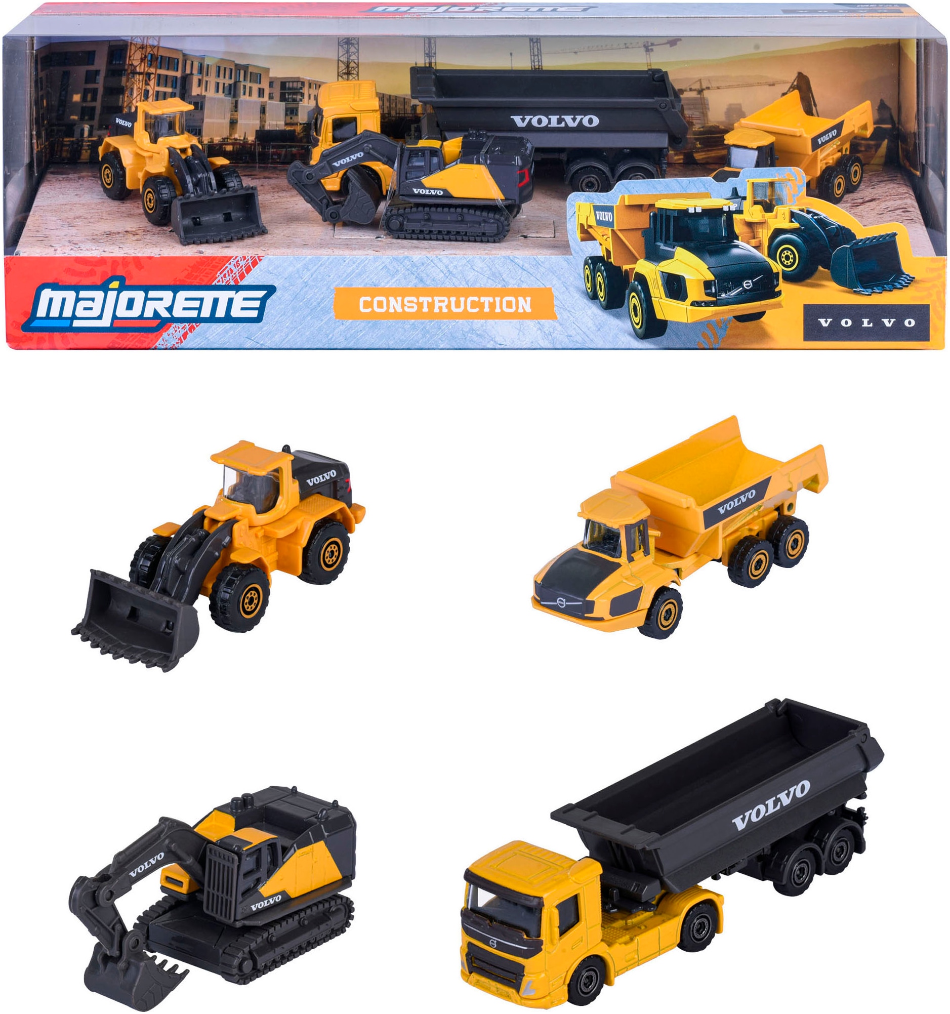 majORETTE Spielzeug-LKW "Volvo Geschenkset - Baustellenfahrzeuge 4er" exklusiv nur in diesem Set erhältlich: Kipplaster