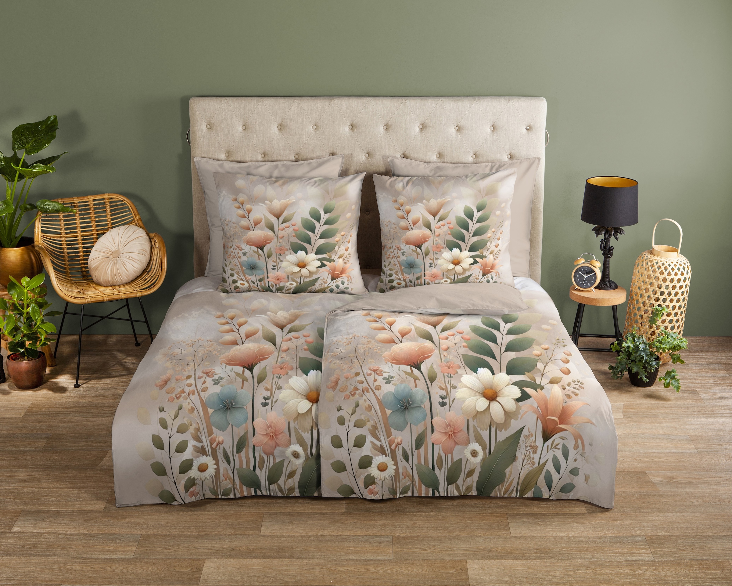 good morning Wendebettwäsche »Ingrid«, 100% Baumwolle, Renforcé, Reissverschluss, Wendeoptik, Blumen, sand