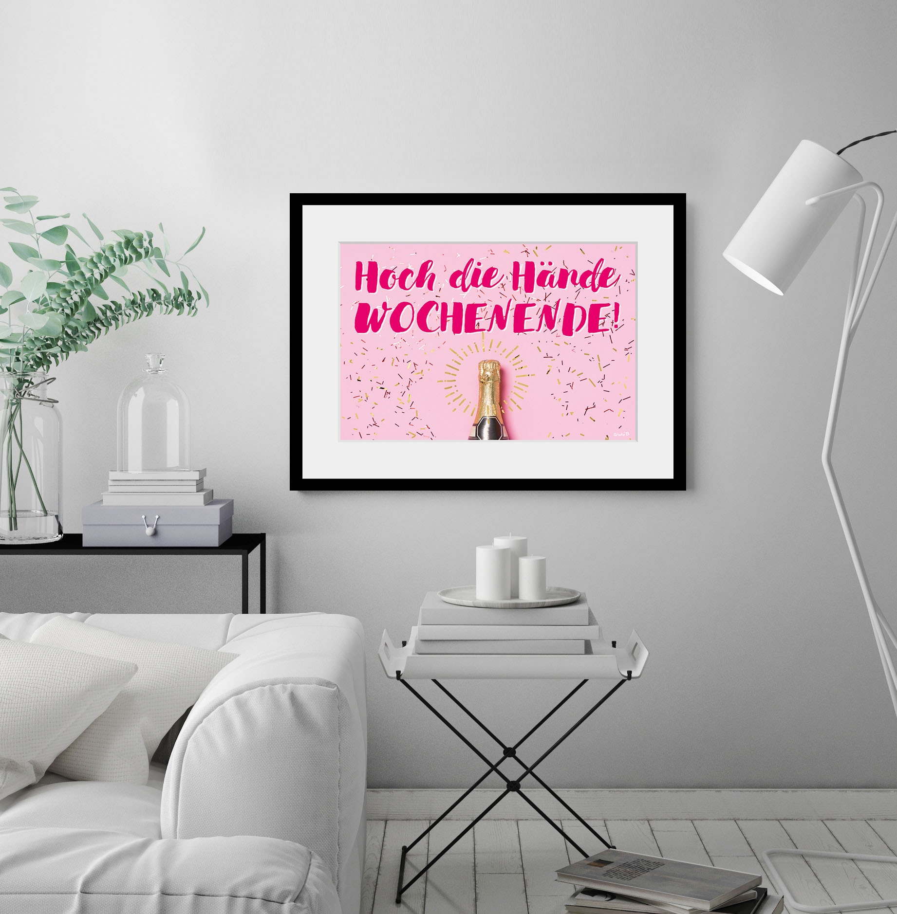 queence Bild »HOCH DIE HÄNDE WOCHENENDE!«, Sprüche & Texte-Humor-Mode-Fashion-Motivationsbilder-Wein, (1 St.), HD Premium Poster-Druck inkl. Holzrahmen