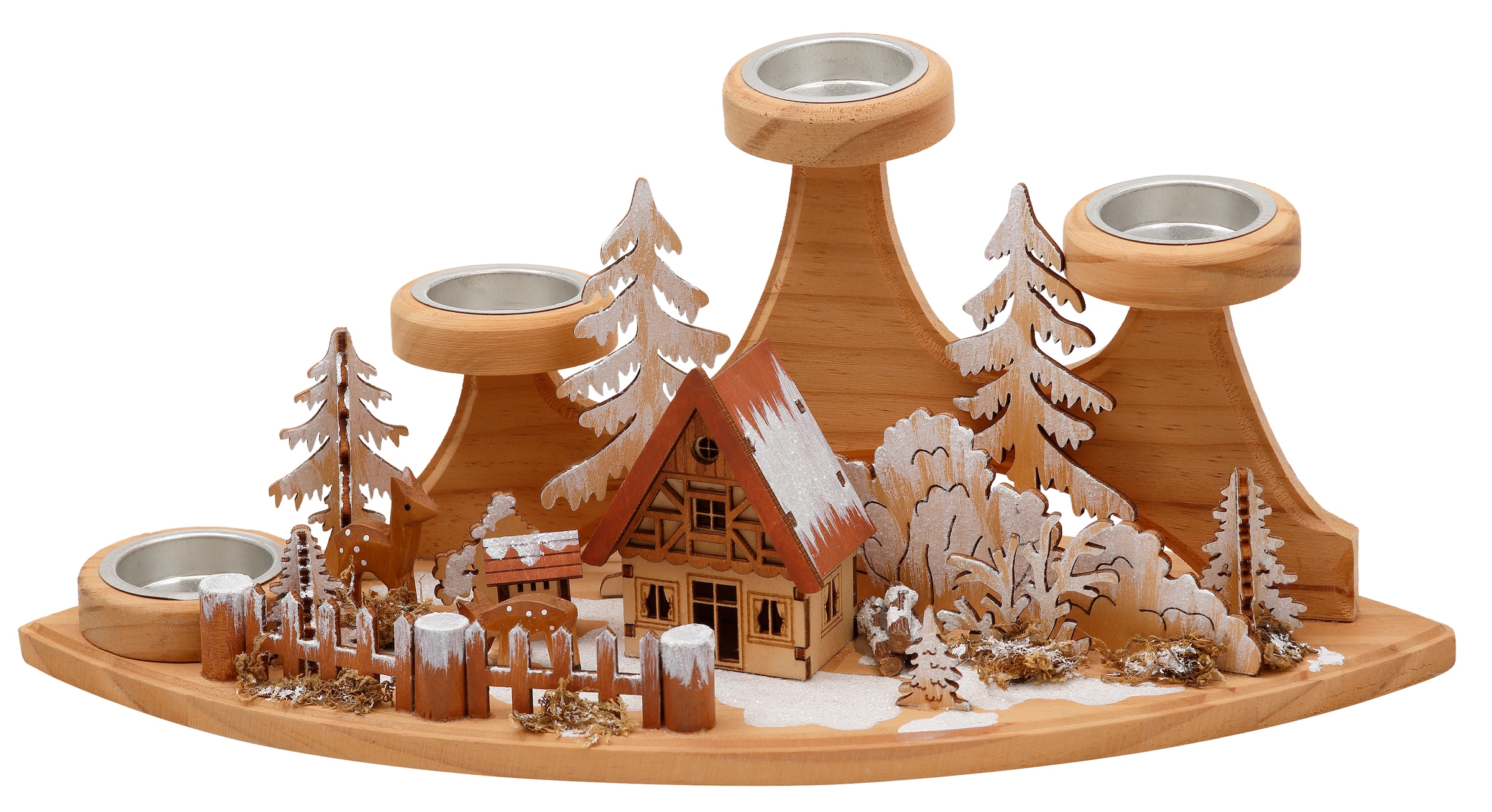 Home affaire Teelichthalter »Winterlandschaft, Weihnachtsdeko aus Holz«, (1 St.), Adventsleuchter für 4 Teelichter, Breite ca. 37 cm