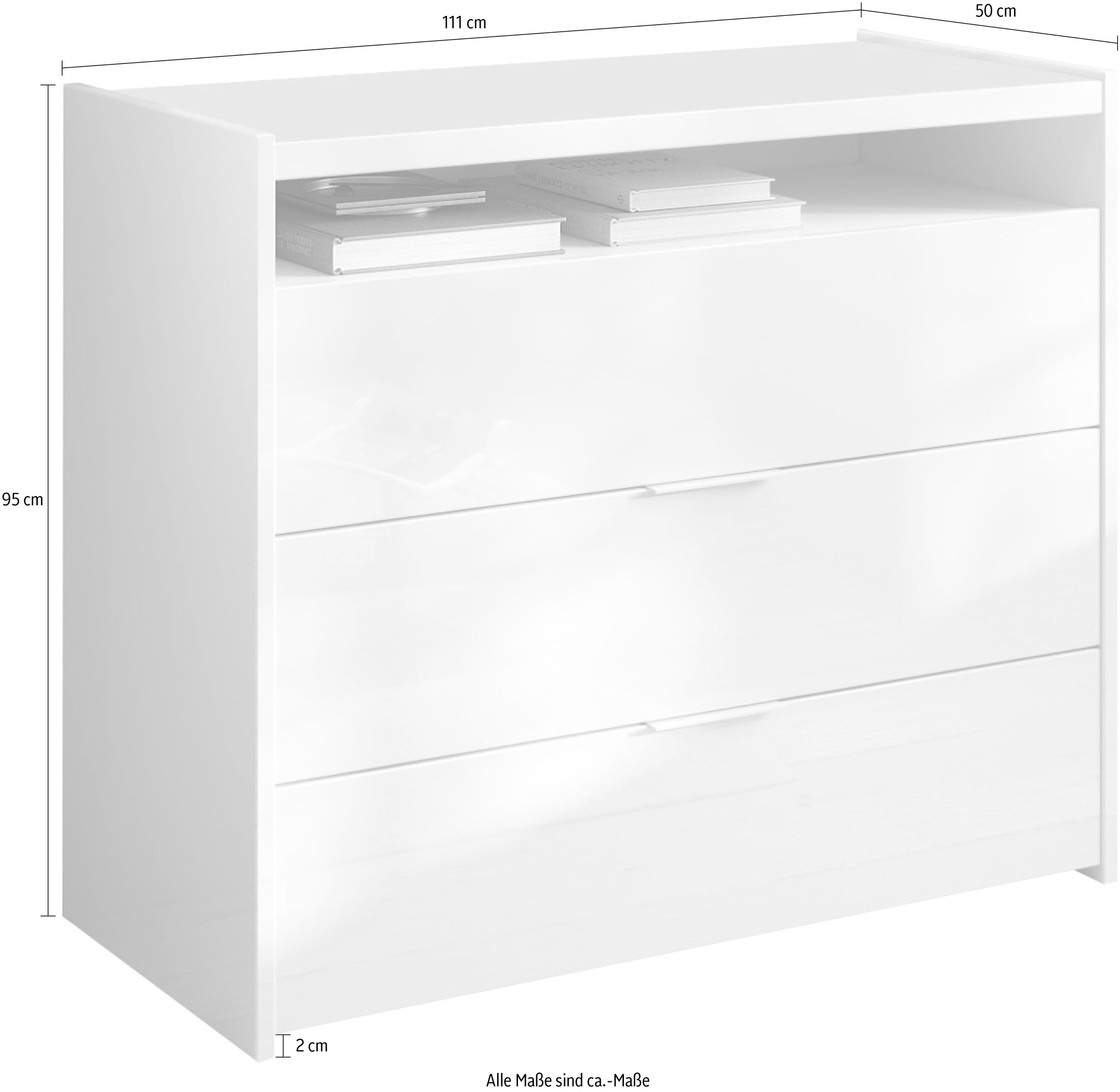 INOSIGN Kommode »Malmo, Schubkastenkommode B/T/H 111/50/95 cm, mit 3 Schubkästen,«, offene Ablage, Top 22 mm stark, Metallgriff, Weiss Hochglanz Lack