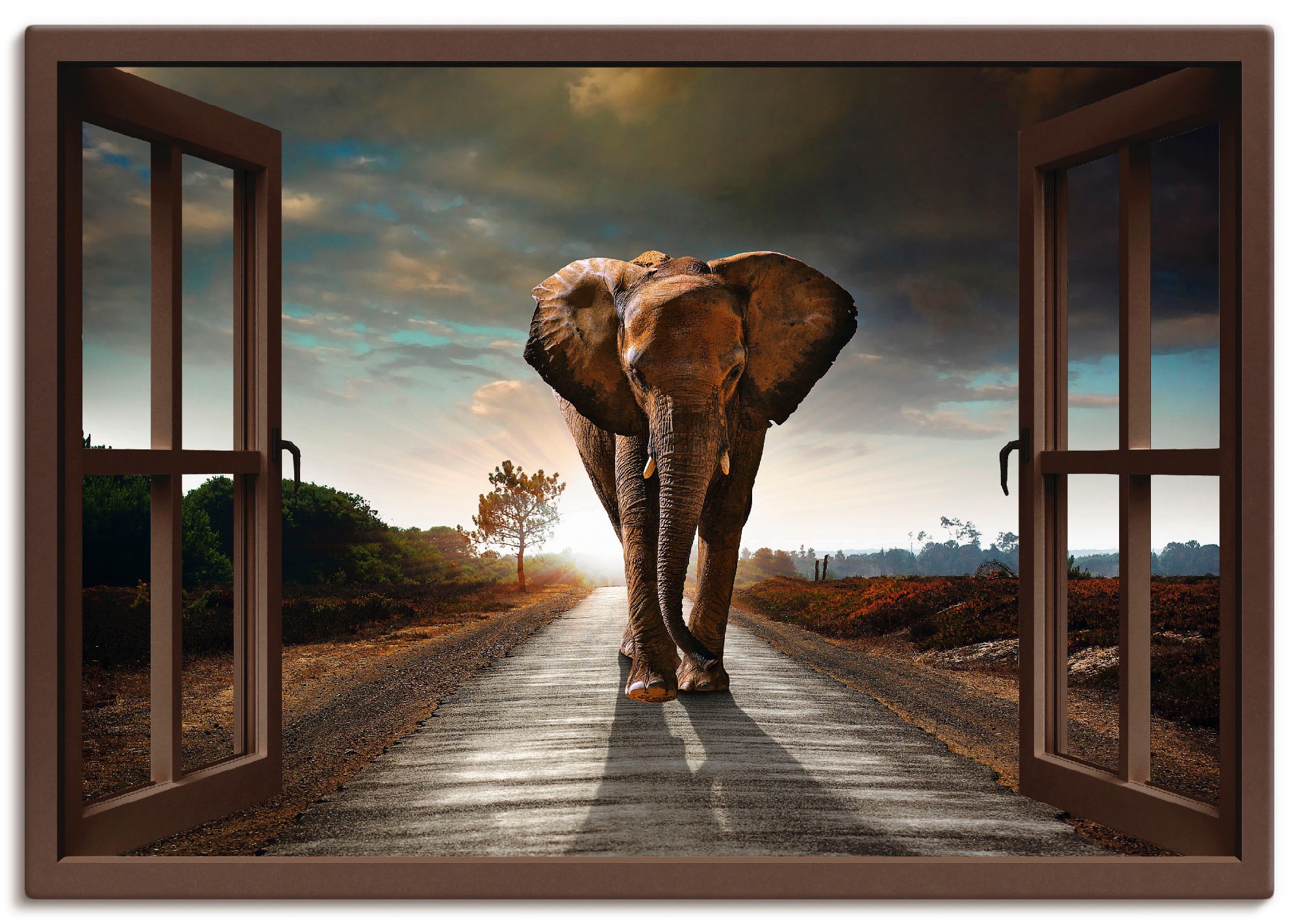 Wandbild Wandaufkleber »Elefant Artland in auf oder bestellen Leinwandbild, versch. online | (1 Grössen Fensterblick, als Jelmoli-Versand Strasse«, St.), Poster
