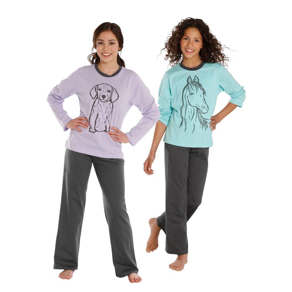 Vivance Pyjama, (4 tlg., 2 Stück), Oberteile in schönen Farben mit Tierdruck