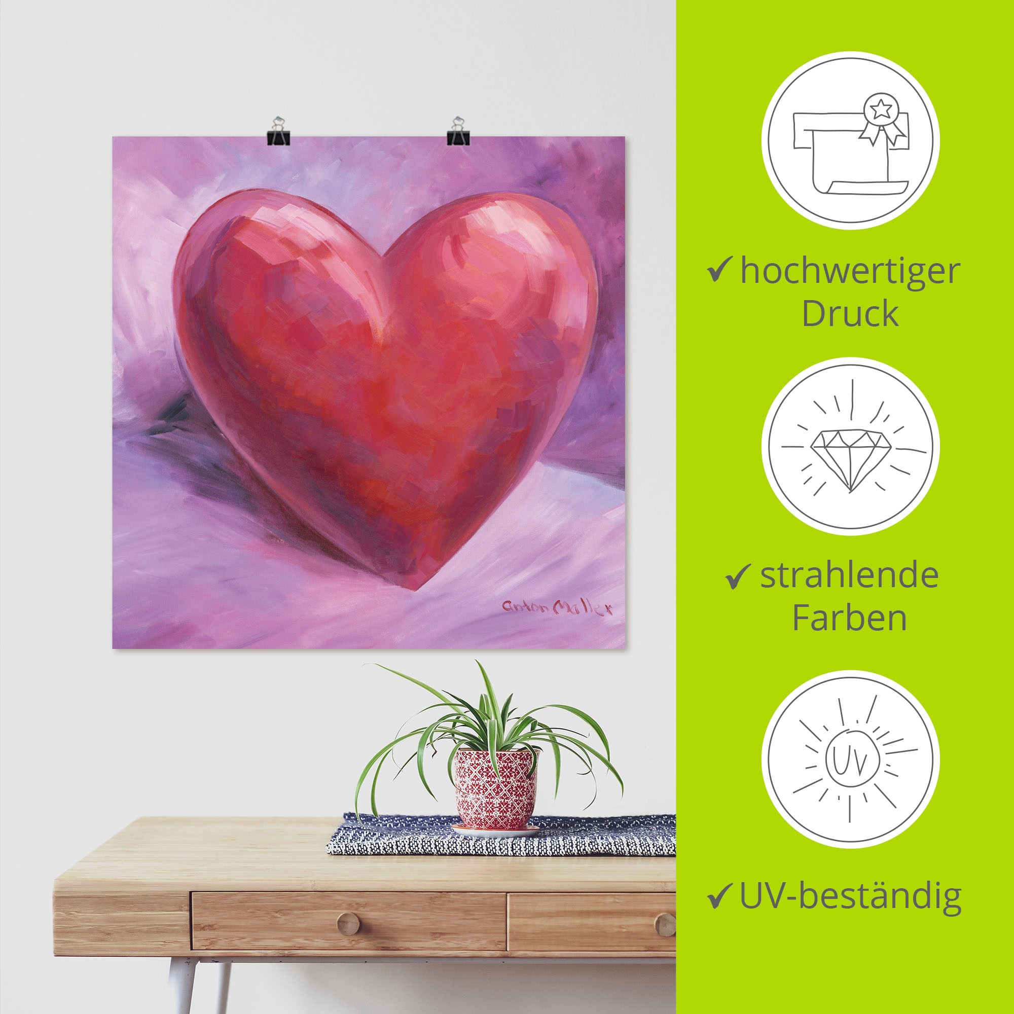 Artland Wandbild »Lila Herz«, Herzen, (1 St.), als Leinwandbild, Poster in verschied. Grössen