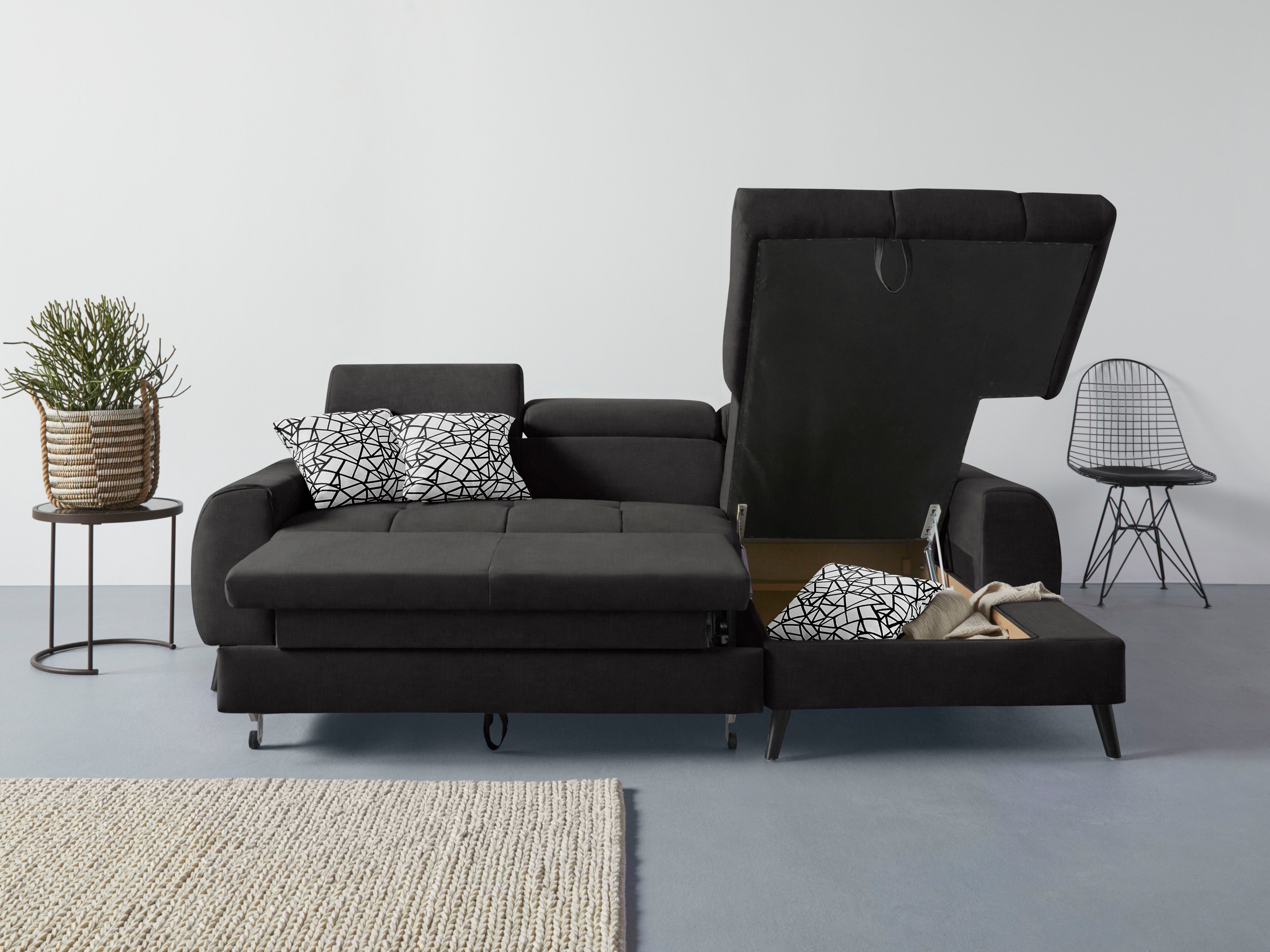 COTTA Ecksofa »Mia L-Form mit 3 Zierkissen«, wahlweise mit Bettfunktion, Bettkasten, Beleuchtung & Wireless-Charger