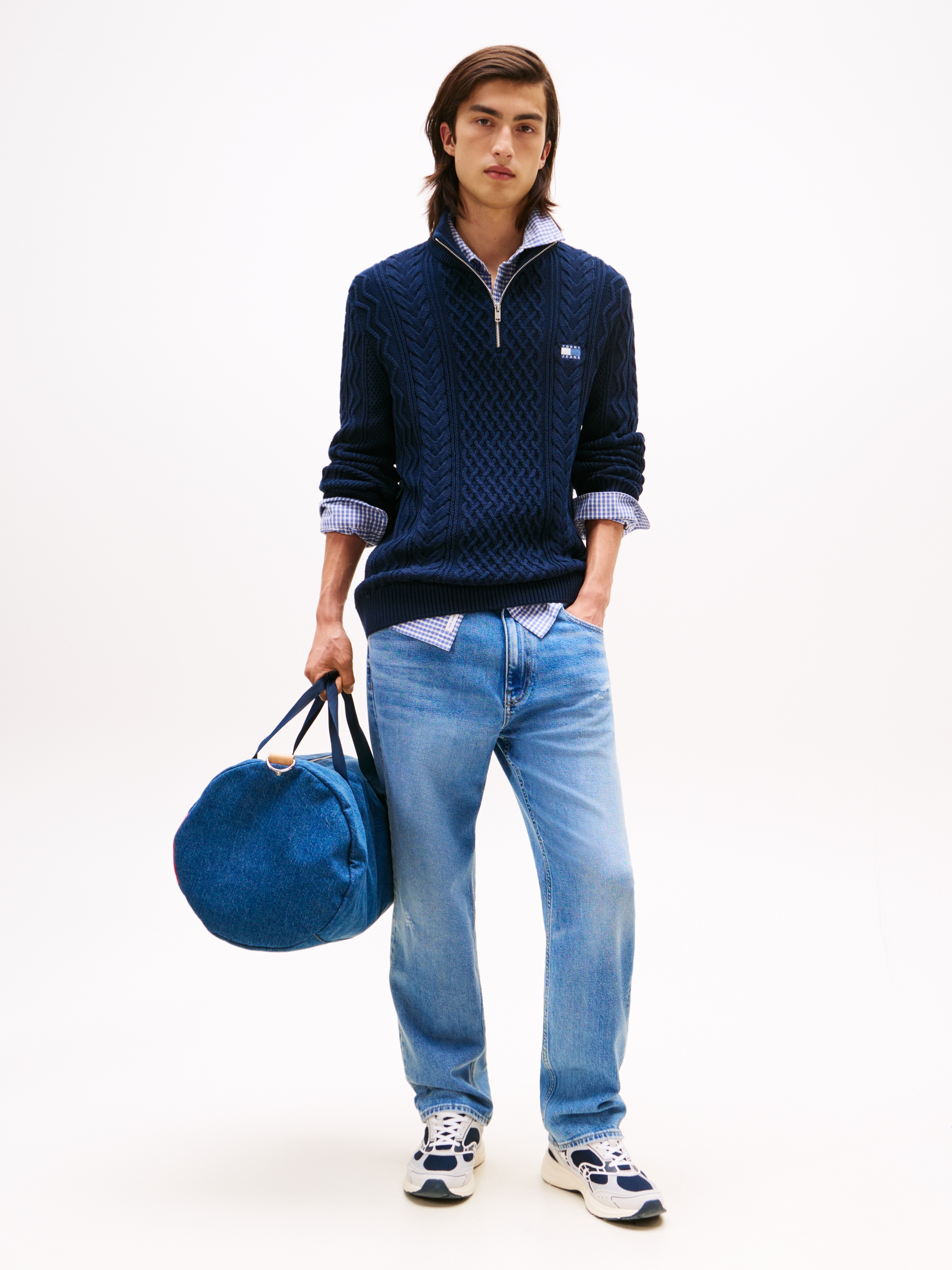 Tommy Jeans Strickpullover, Troyer-Kragen mit Reissverschluss, slim fit, Zopfstrick-Muster