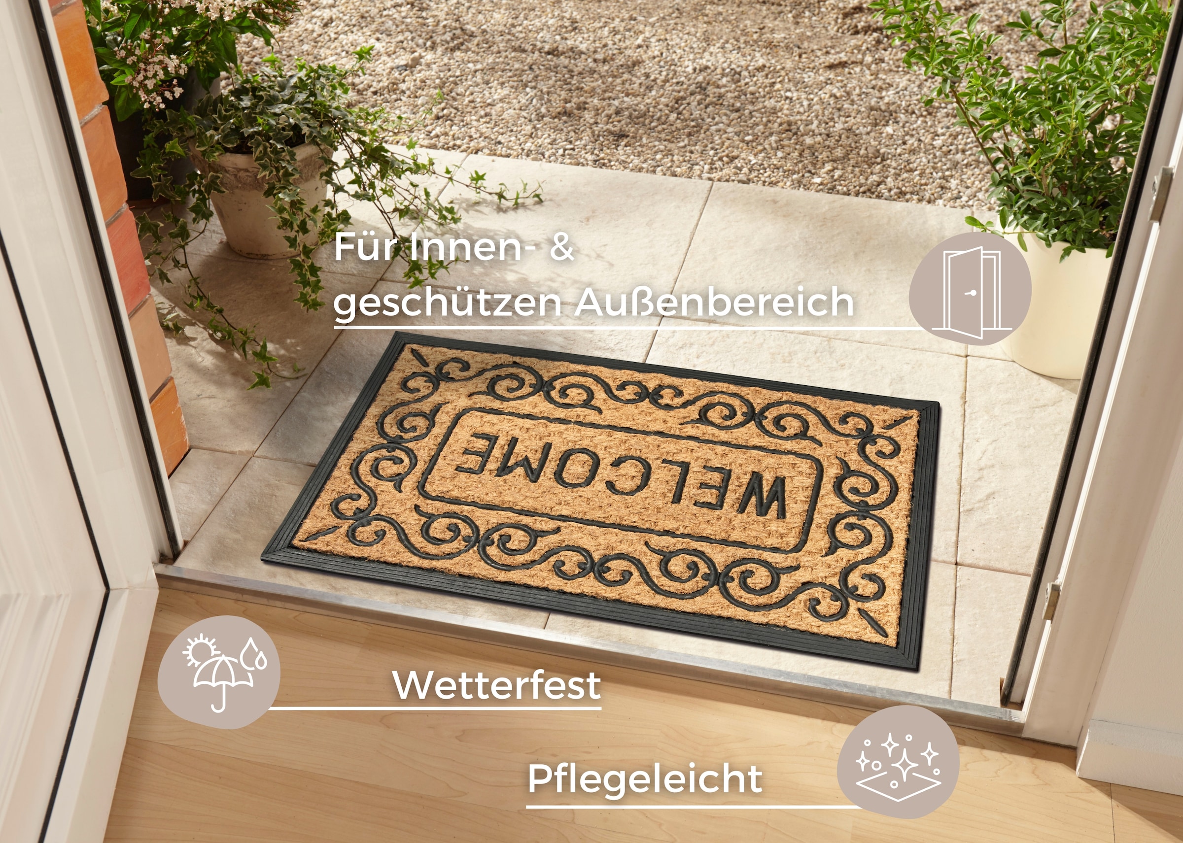 HANSE Home Fussmatte »Mix Mats Gummi-Kokos Welcome Floral Border, Türmatte«, rechteckig, 15 mm Höhe, Kokos, Gummi, Schmutzfangmatte, Outdoor, Rutschfest, Innen, Kokosmatte