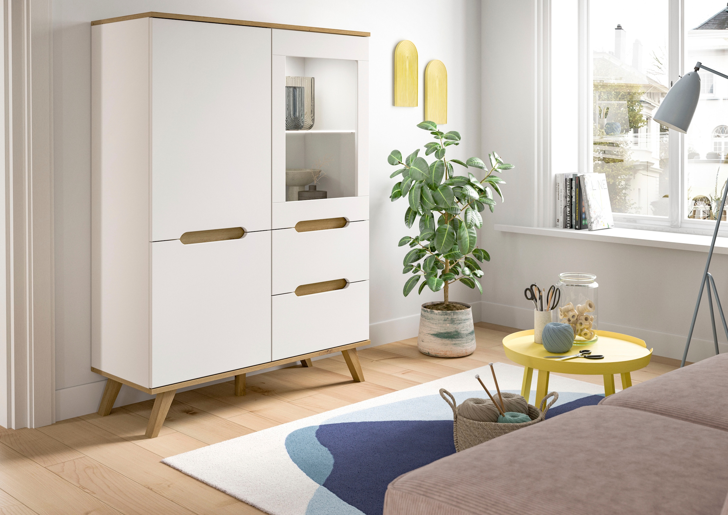 Home affaire Highboard »Alesund, Höhe 140cm, 2 Türen, 1 Schubkasten,konischer Fuss, Scandi-Look«, Anrichte, Schrank, Kommode, Midischrank, Wohnmöbel, Wohnzimmer