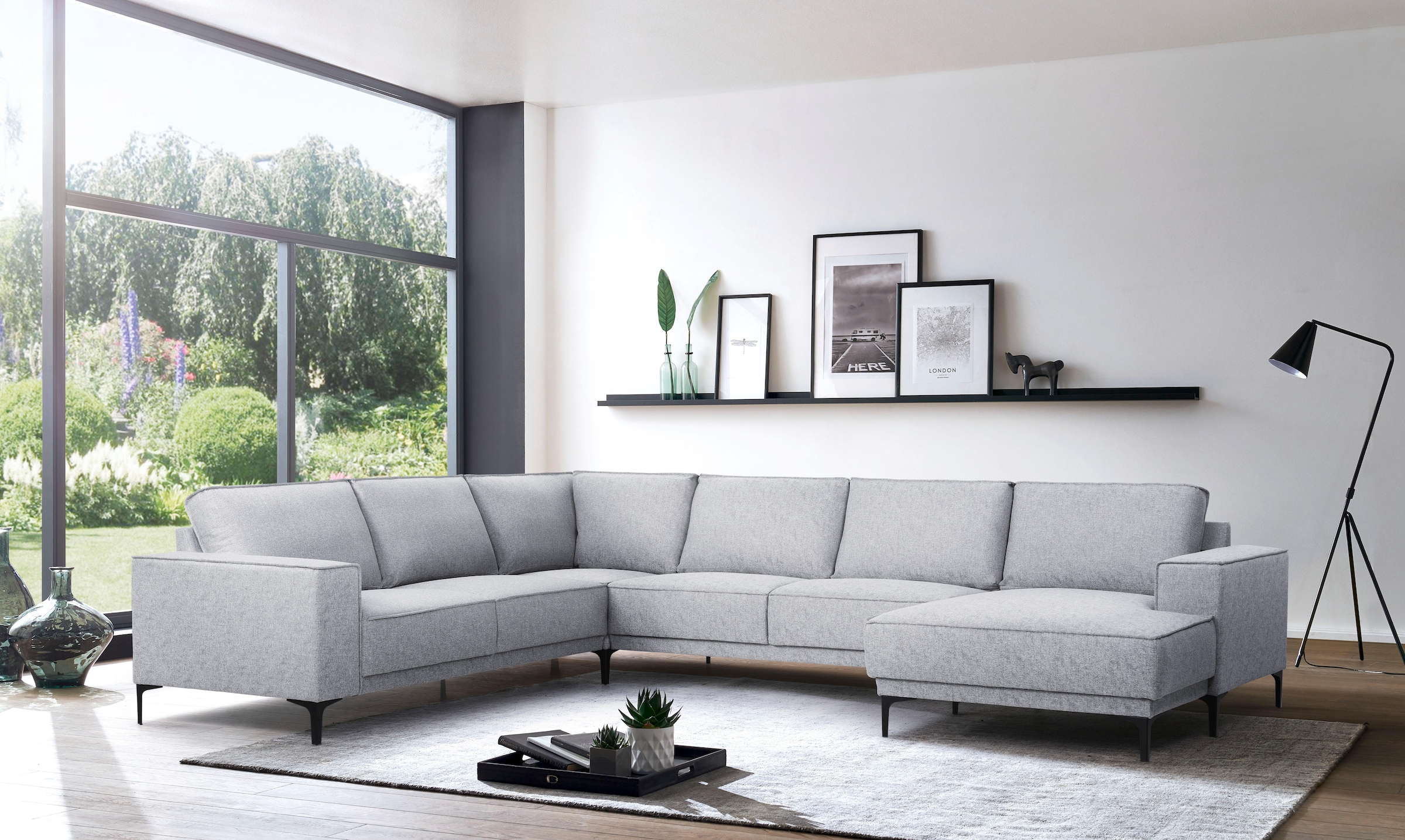 Places of Style Wohnlandschaft »XXL Sofa Oland, Struktur, Flachgewebe, Luxus-Microfaser, Boucle«, U-Form, 342 cm, Wellenunterfederung, Skandi-Design, Metallfüsse