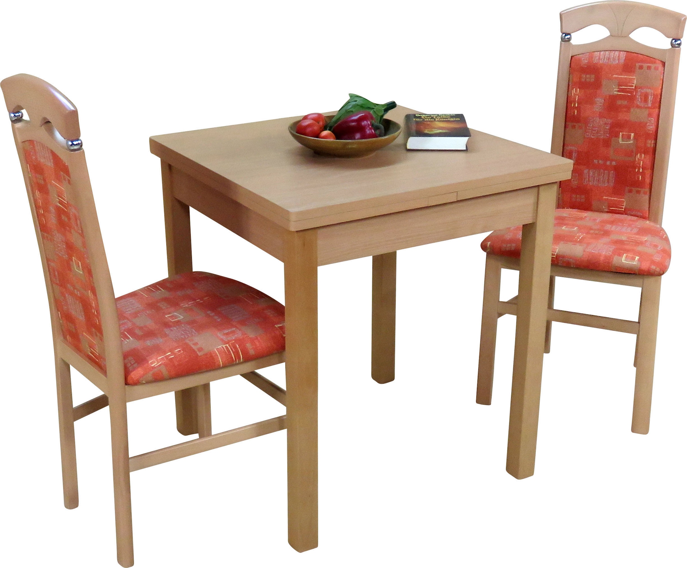 HOFMANN LIVING AND MORE Essgruppe »Anthony«, (Spar-Set, 3 tlg., 1 Tisch, 2 Stühle), Stuhlgestell und Tischbeine aus Massivholz, Tisch mit 2 Ansteckplatten