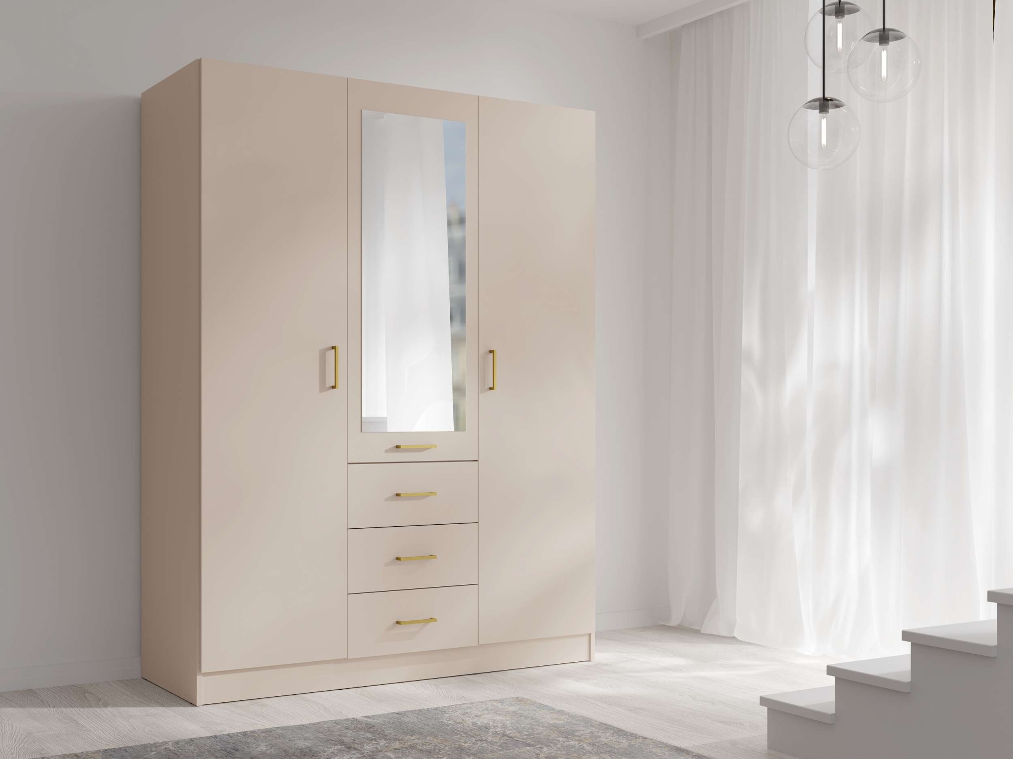 Home affaire Kleiderschrank »KOS Garderobe mit 3 Schubladen, Kleiderstange, 4 Einlegeböden, Spiegel« Kleiderschrank mit 3 Türen, goldenen Griffen, Masse B/H/T 150/200/58 cm