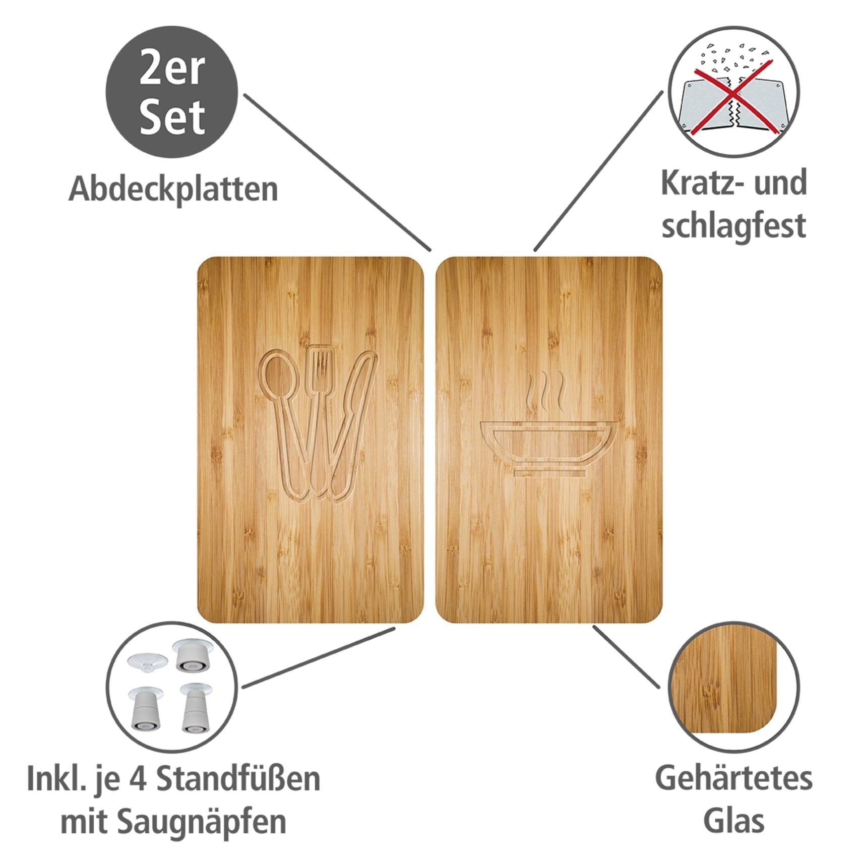 WENKO Herd-Abdeckplatte »Universal Modell Lunch«, (Set, 2 tlg.), Herdabdeckung für alle Herdarten, kratzfest, mit rutschfesten Füssen