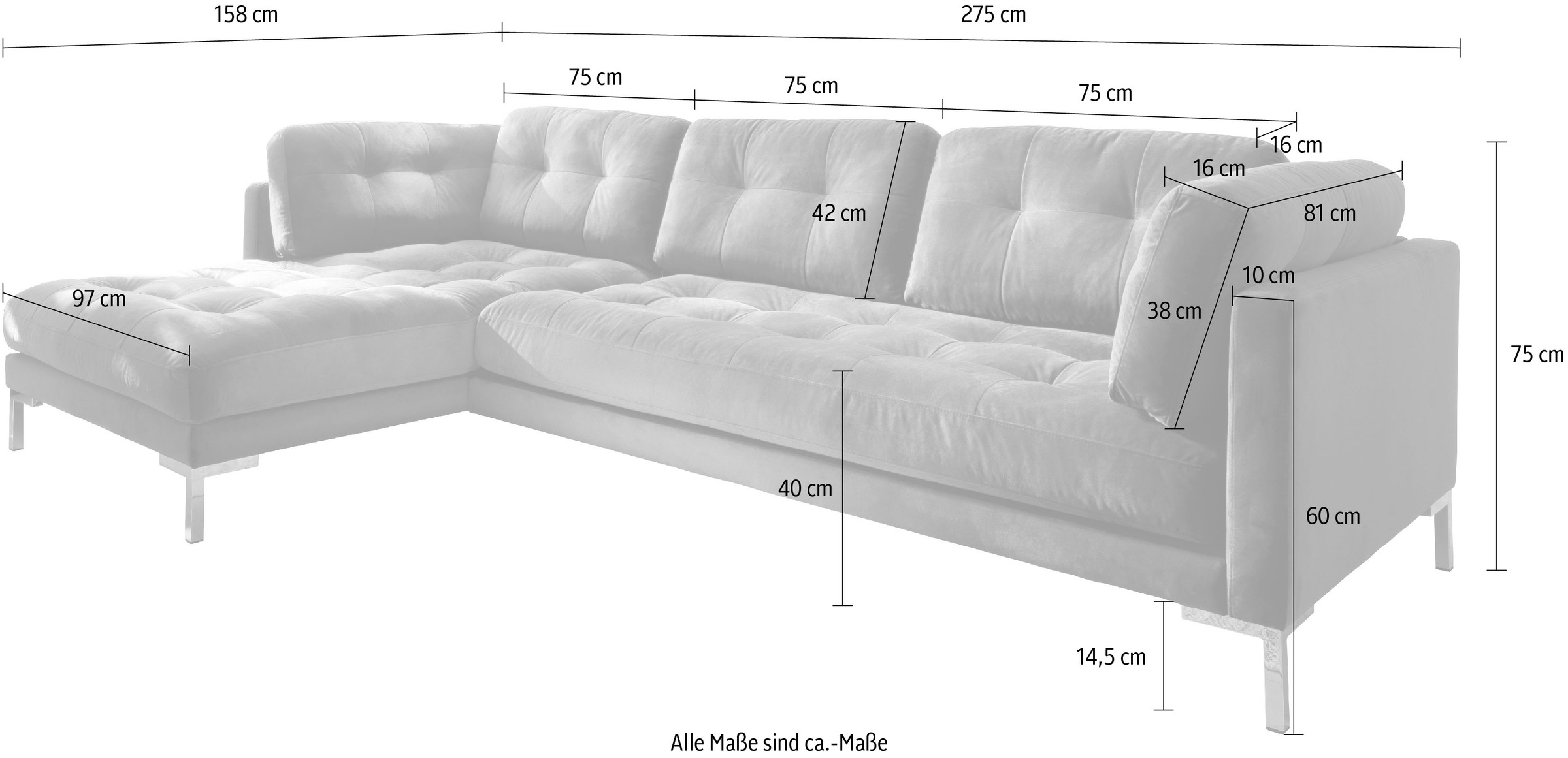 Trends by HG Ecksofa »Landau L-Form«, in Cord-Stoff mit Metallfuss