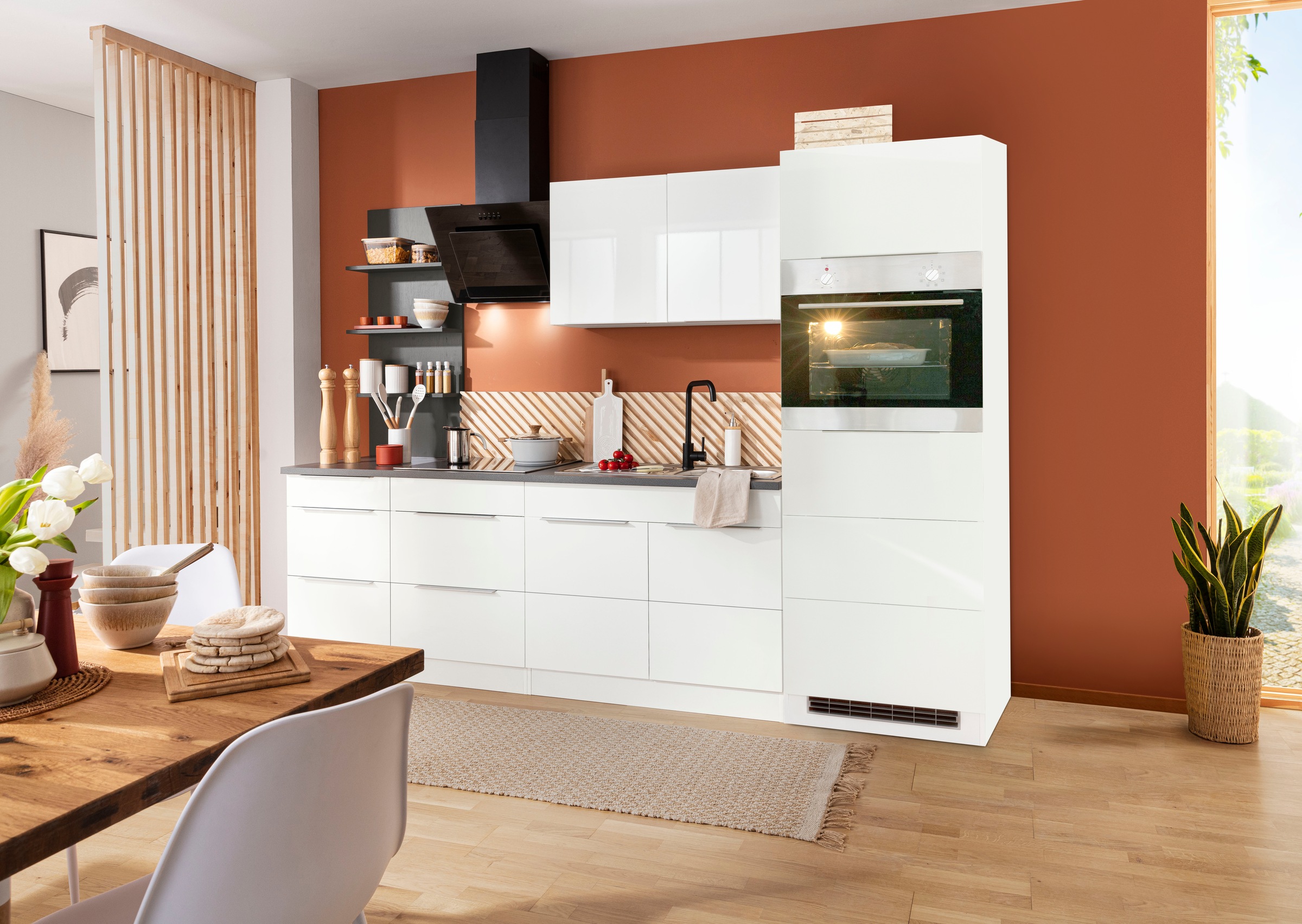 KOCHSTATION Küchenzeile "KS-Brindisi Breite 270 cm" wahlweise mit E-Geräten und Induktion, mit MDF-Fronten und Regal