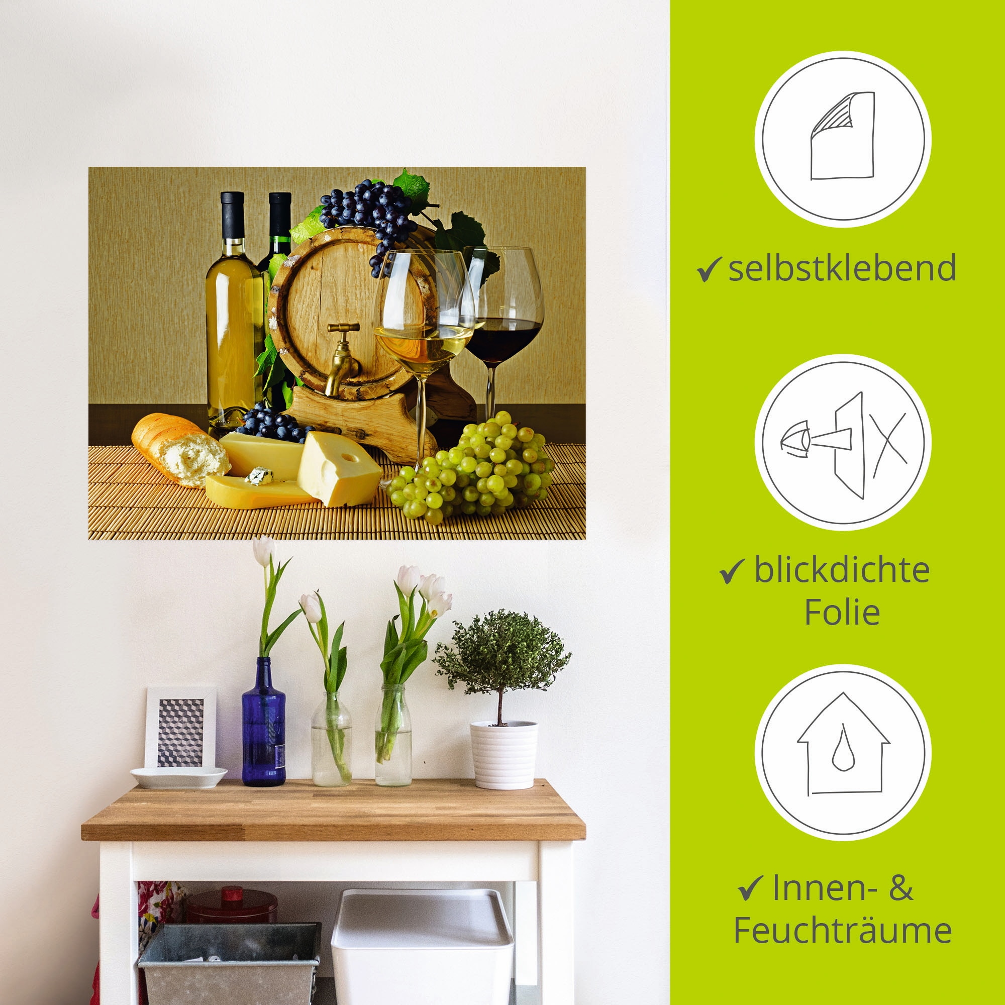 Artland Wandbild »Käse, Wein und Trauben«, Lebensmittel, (1 St.), als Alubild, Leinwandbild, Wandaufkleber oder Poster in versch. Grössen