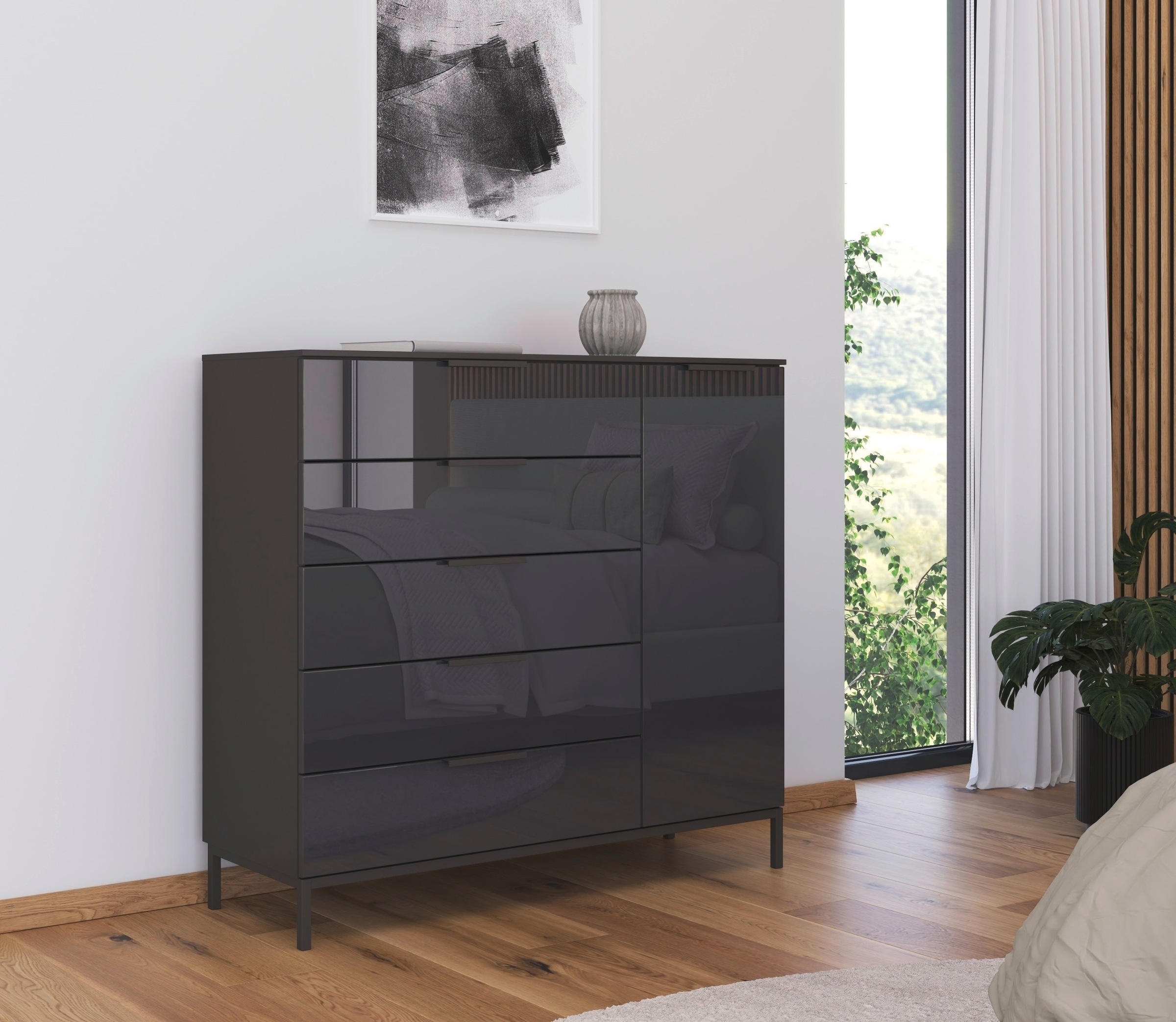 rauch Kombikommode "Kommode Türkommode Sideboard Kombikommode FLIPP mit Glasfront" Breite 120 cm mit 2 Einlegeböden, 1-türig mit 5 Schubladen und Soft-Close-Funktion sowie Glasfront