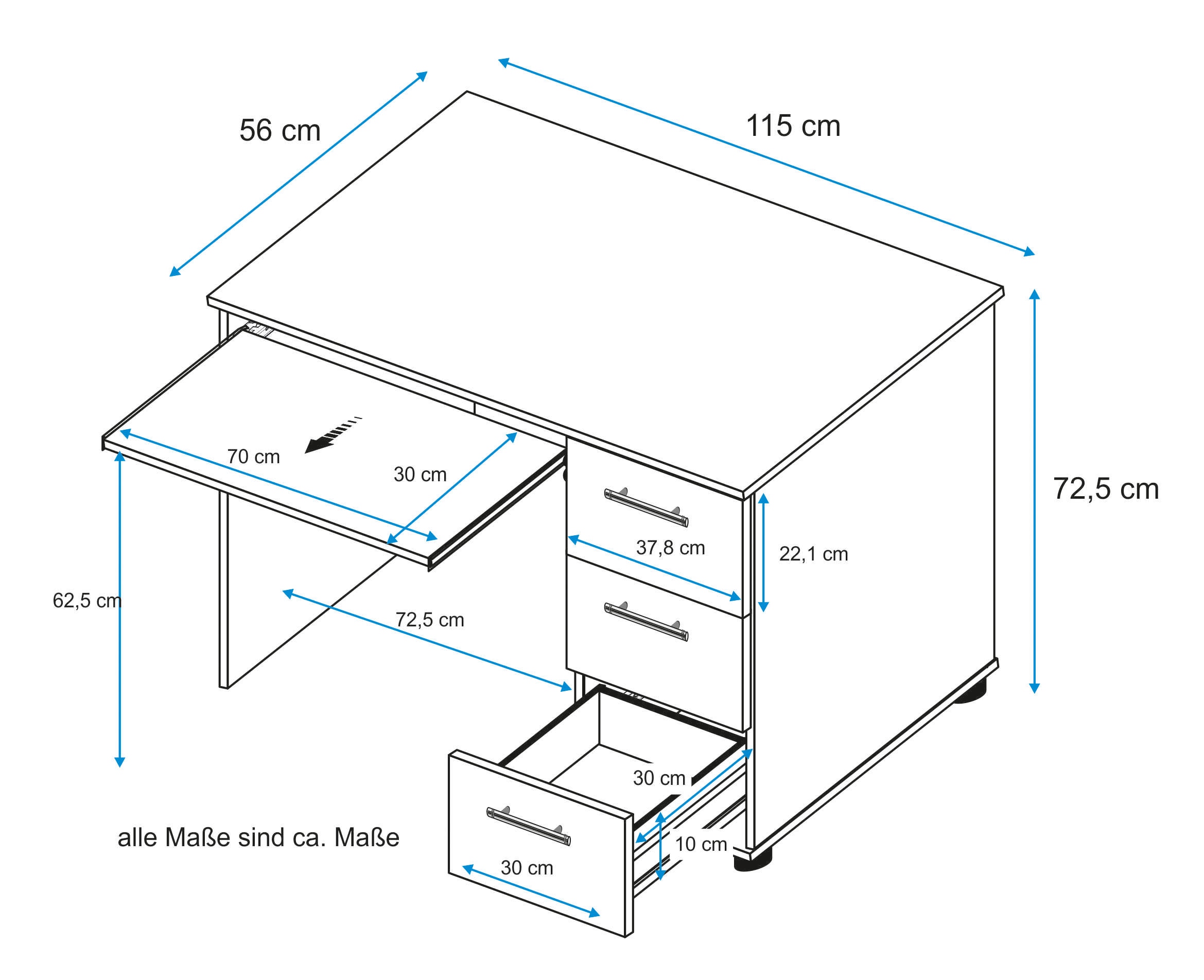 VOGL Möbelfabrik Schreibtisch »Tobi, optional mit Tastaturauszug,«, mit 3 Schubkästen, Breite 115 cm, Made in Germany