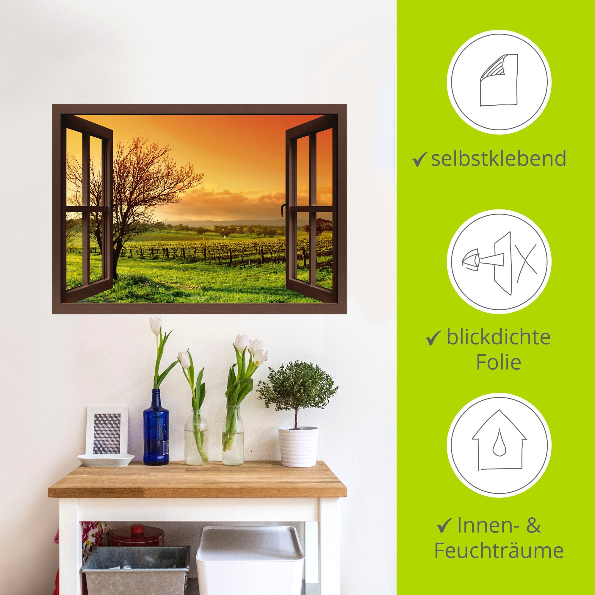 Artland Wandbild »Fensterblick - Landschaft mit Weinbergen«, Fensterblick, (1 St.), als Leinwandbild, Wandaufkleber in verschied. Grössen