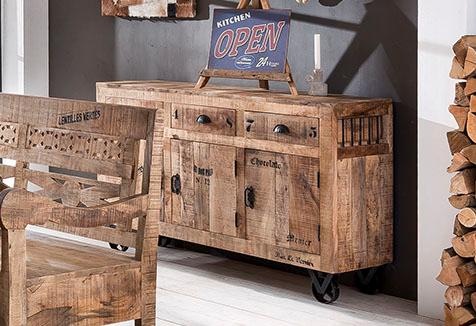 SIT Sideboard "Newquay aus Mangoholz mit Türen & Schubladen" Mobil auf Metallrollen im authentischen Factory-Design