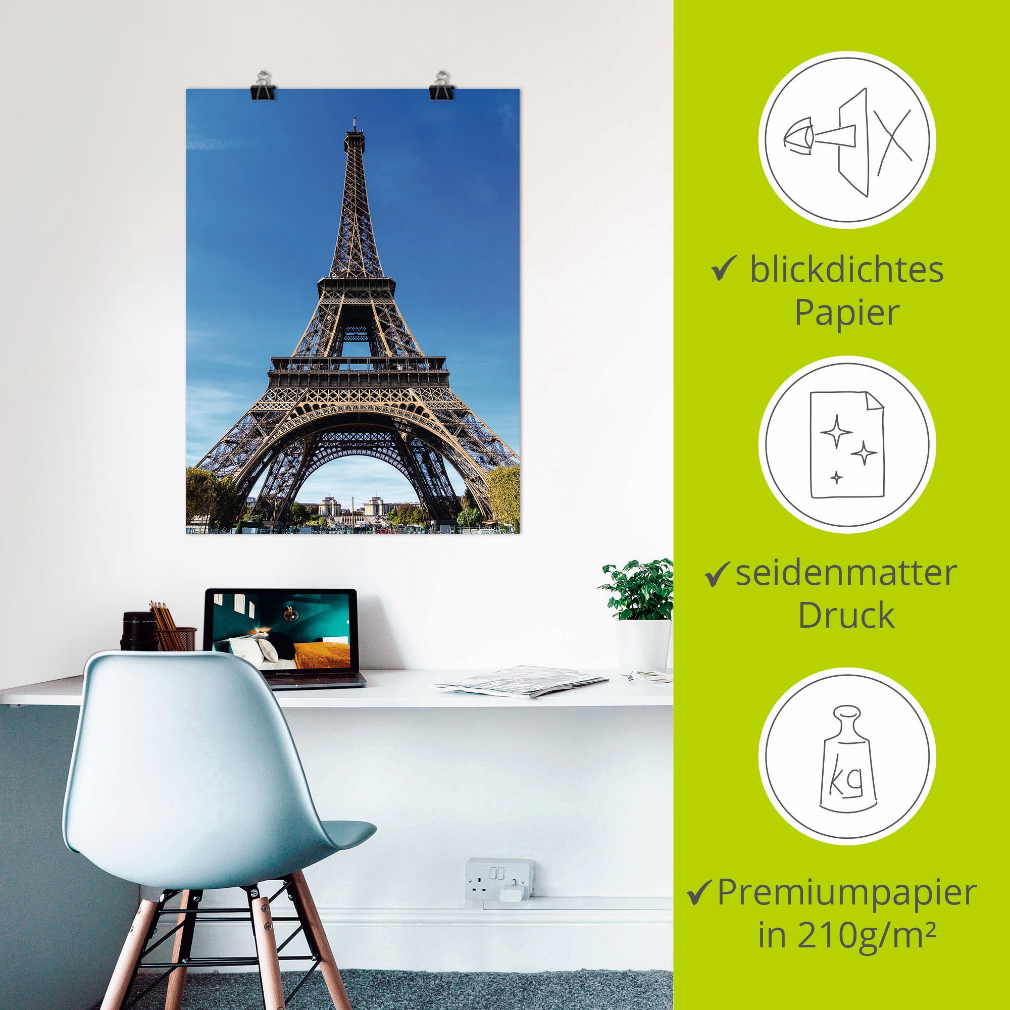 Artland Poster »Blick auf den Eiffelturm in Paris II«, Gebäude, (1 St.), als Alubild, Leinwandbild, Wandaufkleber oder Poster in versch. Grössen
