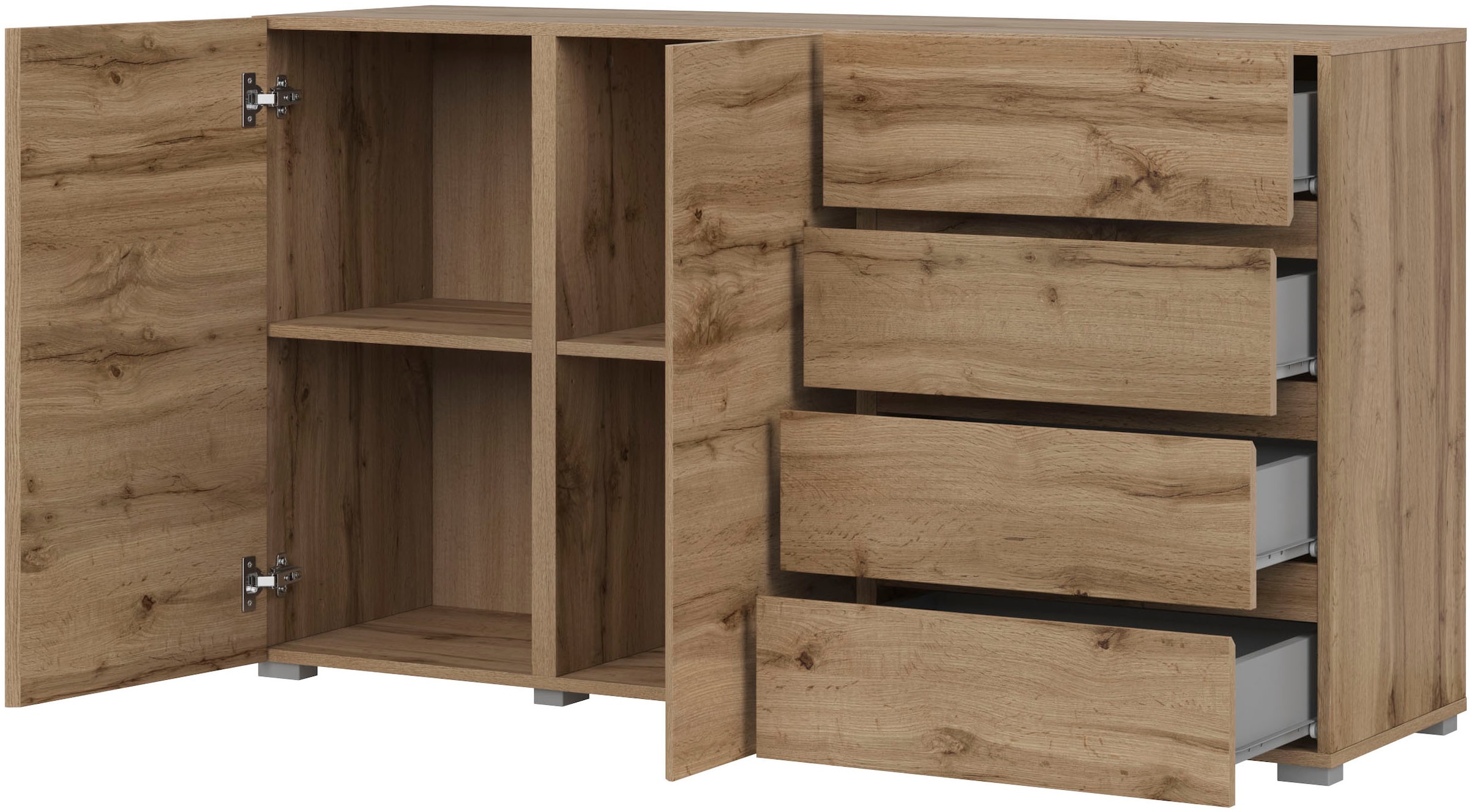 INOSIGN Sideboard »Asymetric,Breite 138 cm, grifflose Kommode 2 Türen/4 Schubkästen«, Schubladenschrank mit viel Stauraum, Einlegeböden verstellbar