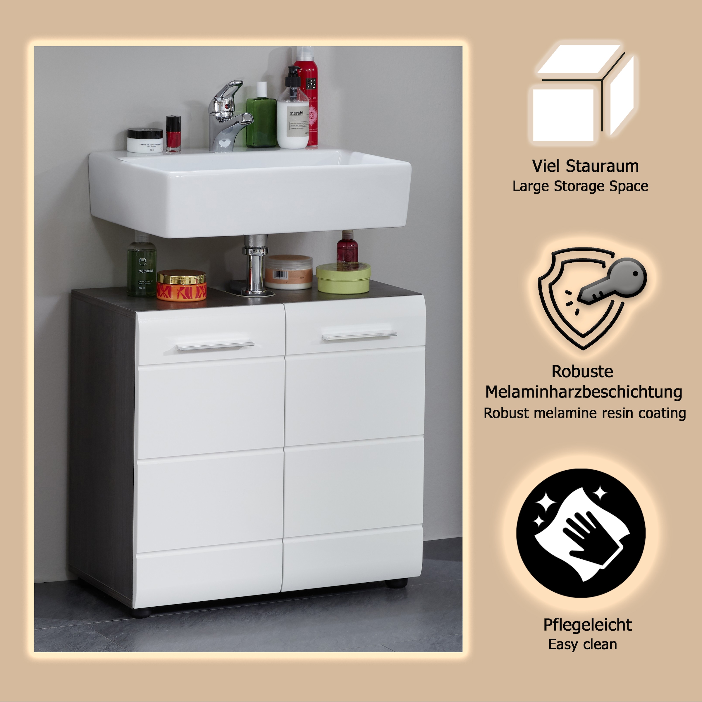 welltime Waschbeckenunterschrank »Sovana«, Waschbeckenunterschrank mit 2 Türen - (B/T/H) 60/31/57 cm