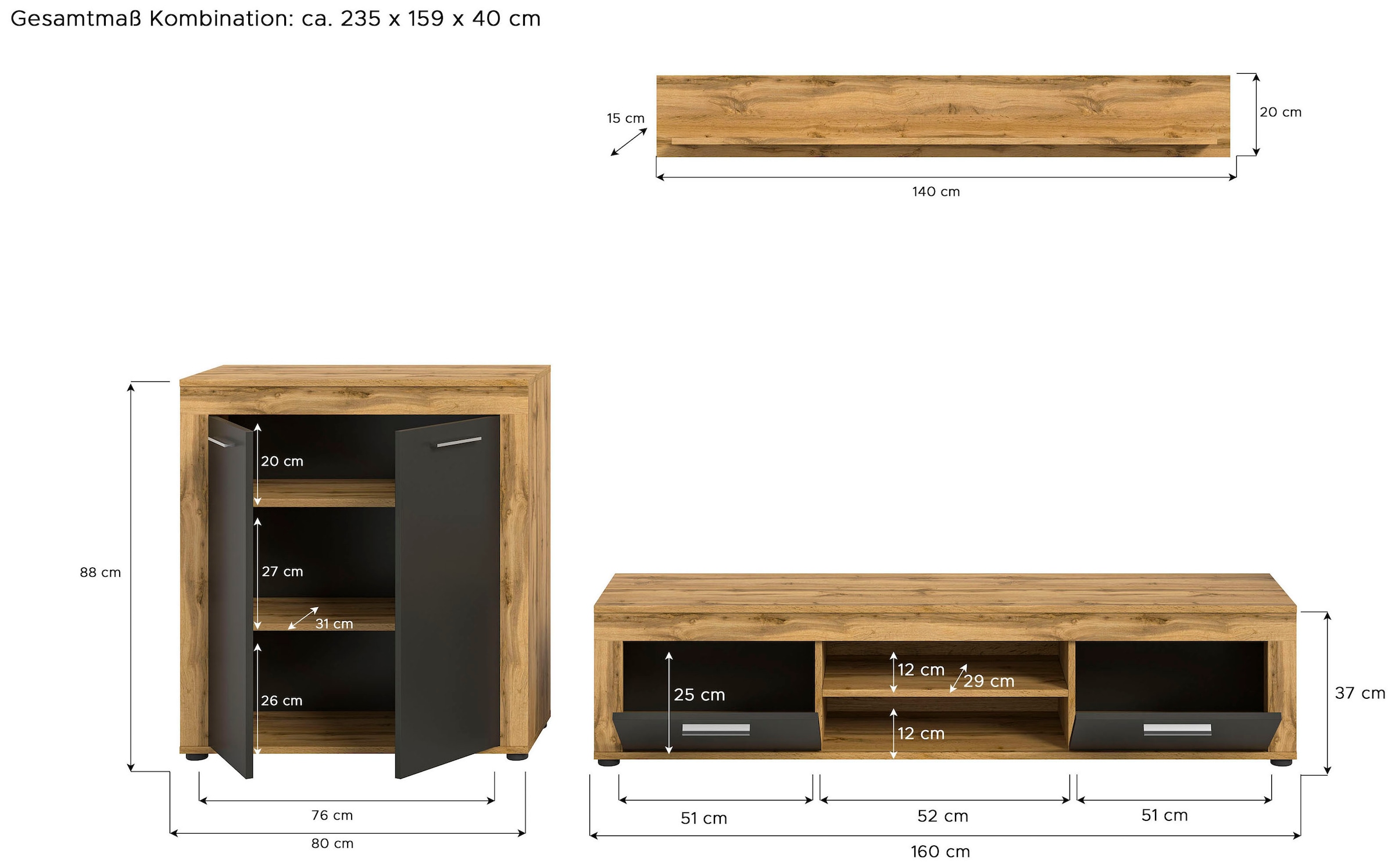 INOSIGN Wohnwand »Aosta, Breite 255cm, bestehend aus Highboard, Lowboard, Wandboard«, (3 St.), Wohnwand, Kombination, Anbauwand, Möbel Set, Schrankwand, Möbel Kombi