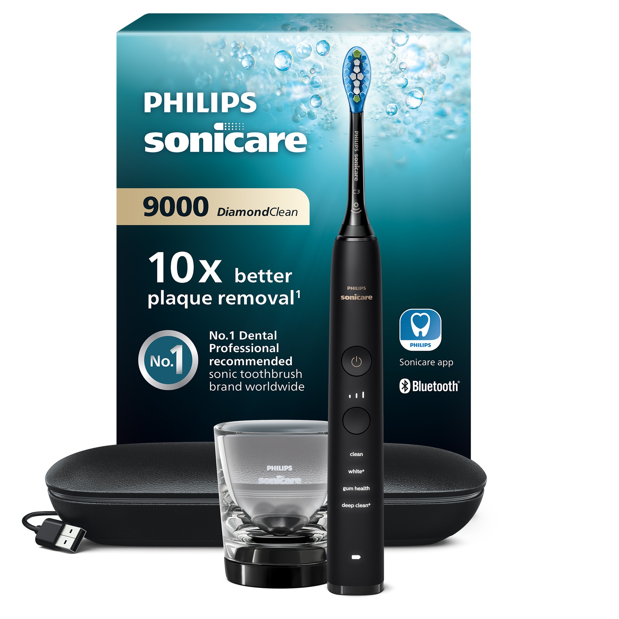 Philips Sonicare Elektrische Zahnbürste "DiamondClean 9000 HX9911" 1 Stk. Aufsteckbürsten mit Schalltechnologie, Ladeglass, USB-Reiseetui