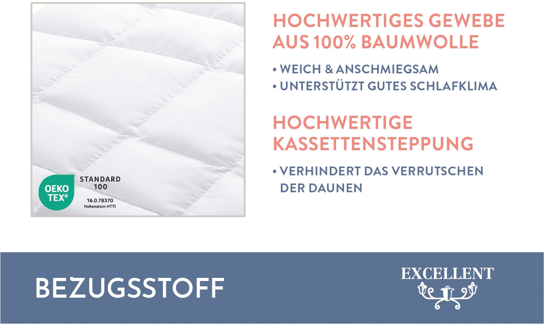 Excellent Daunenbettdecke »Zürich, Bettdecken für Sommer und Winter, Decke«, normal, Füllung 100% Daunen, Bezug 100% Baumwolle, (1 St.), Bettdecke 135x200 cm, 155x220cm und weitere Grössen, Made in Germany