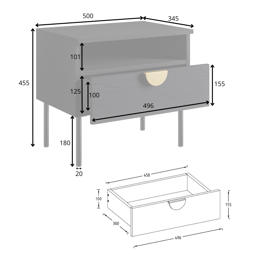 Leonique Nachtkonsole »BELLOT 2er Set, Nachttischen mit Schubladen und goldfarbenenen Metallgriffen«, (Set, 2 St., zwei Stücke), zwei Stücke, mit 2 Schubladen, Masse B/T/H: 50/34,5/45,5 cm