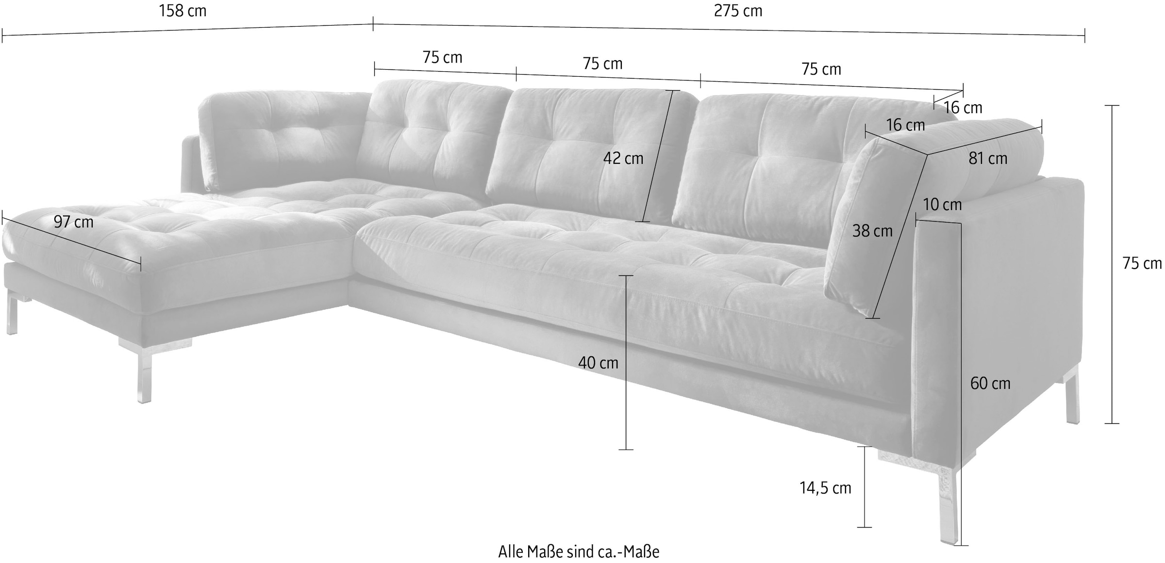 Trends by HG Ecksofa »Landau L-Form«, in Cord-Stoff mit Metallfuss