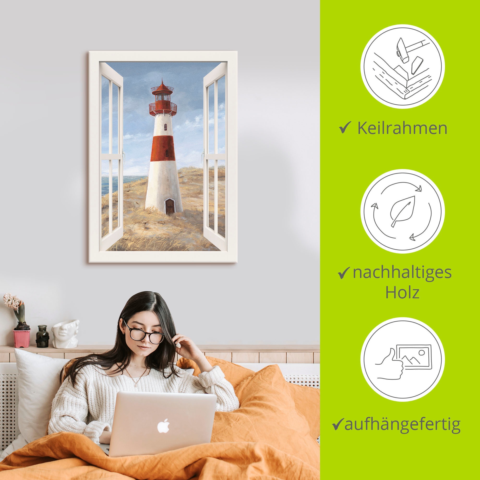 Artland Wandbild »Leuchtturm I Fensterblick«, Gebäude, (1 St.), als Alubild, Outdoorbild, Leinwandbild, Poster in verschied. Grössen