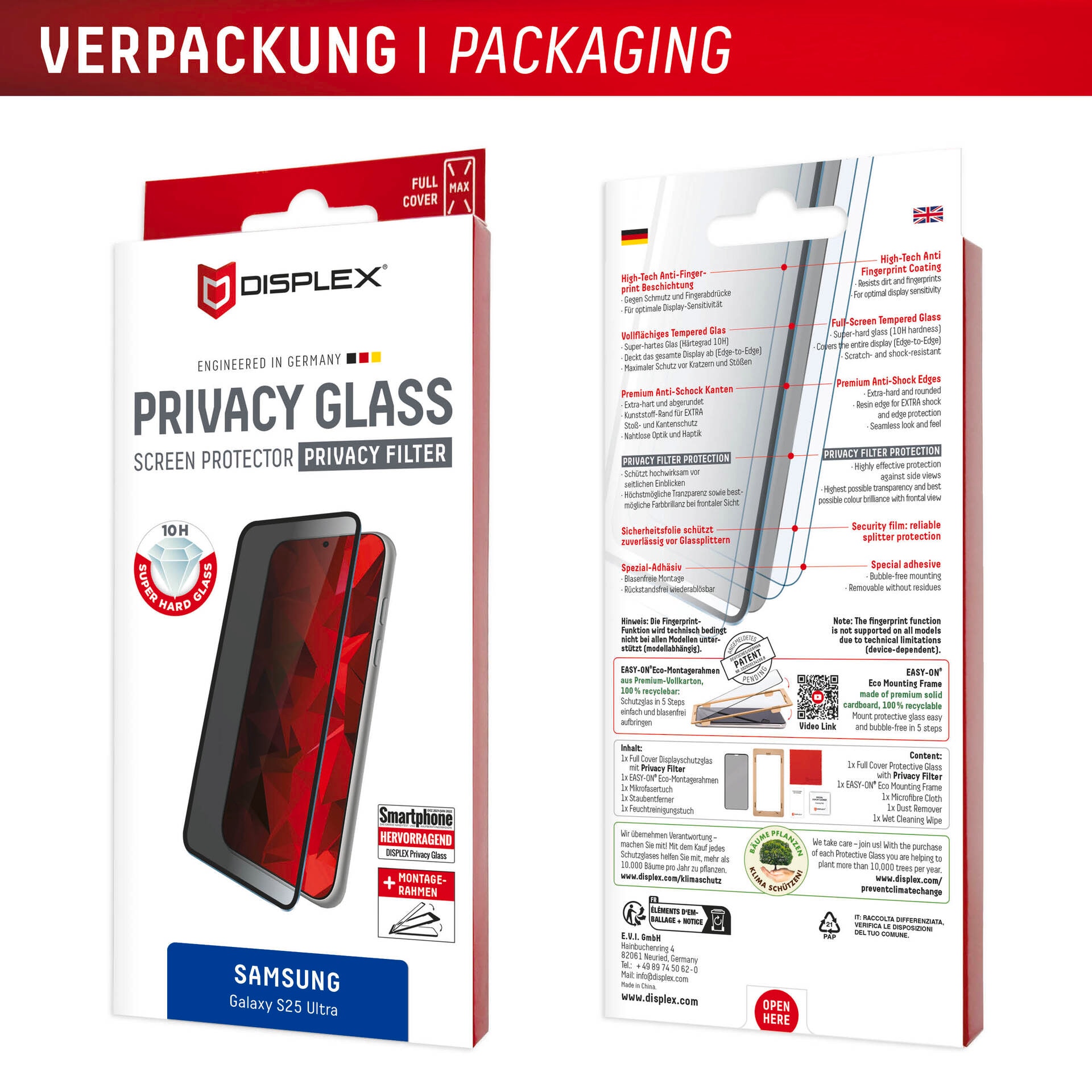 Displex Displayschutzglas »Privacy Glass Screen Protection«, für Samsung Galaxy S25 Ultra, Displayschutzfolie, Schutzfolie, Bildschirmschutz, kratz- & stossfest
