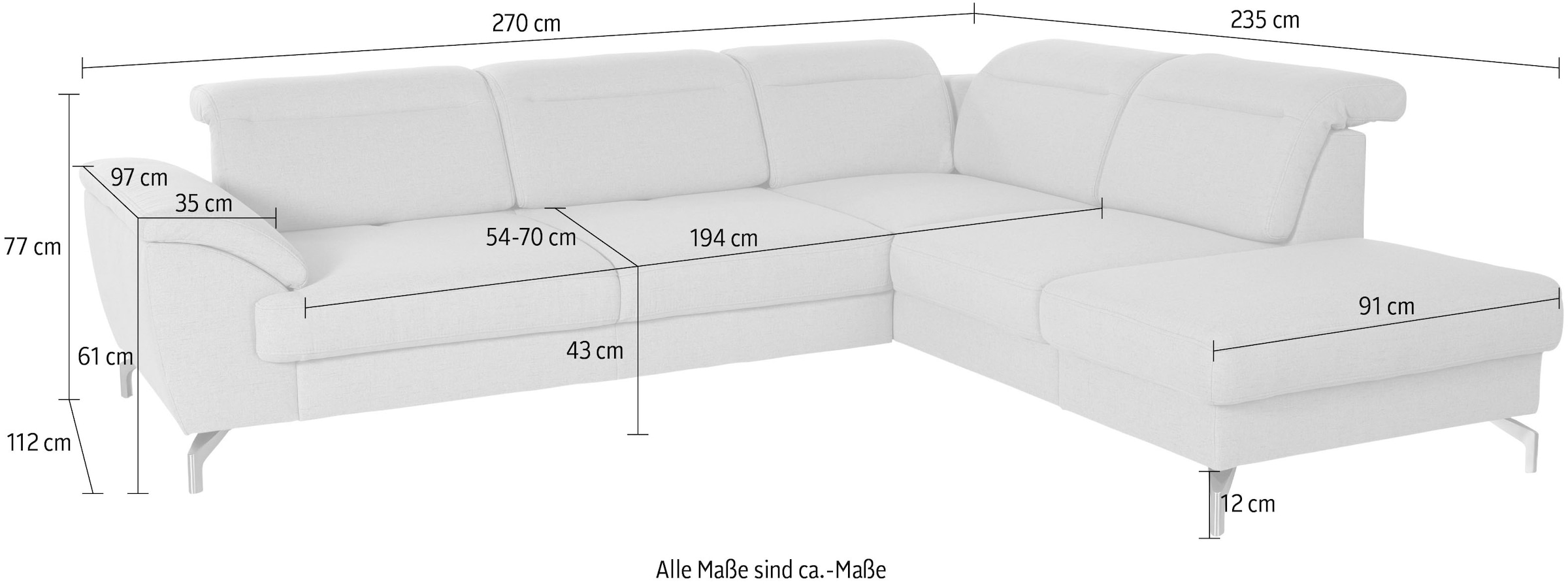 sit&more Ecksofa »Percy L-Form«, 12 cm Fusshöhe, Sitztiefenverstellung, wahlweise in 2 Fussfarben