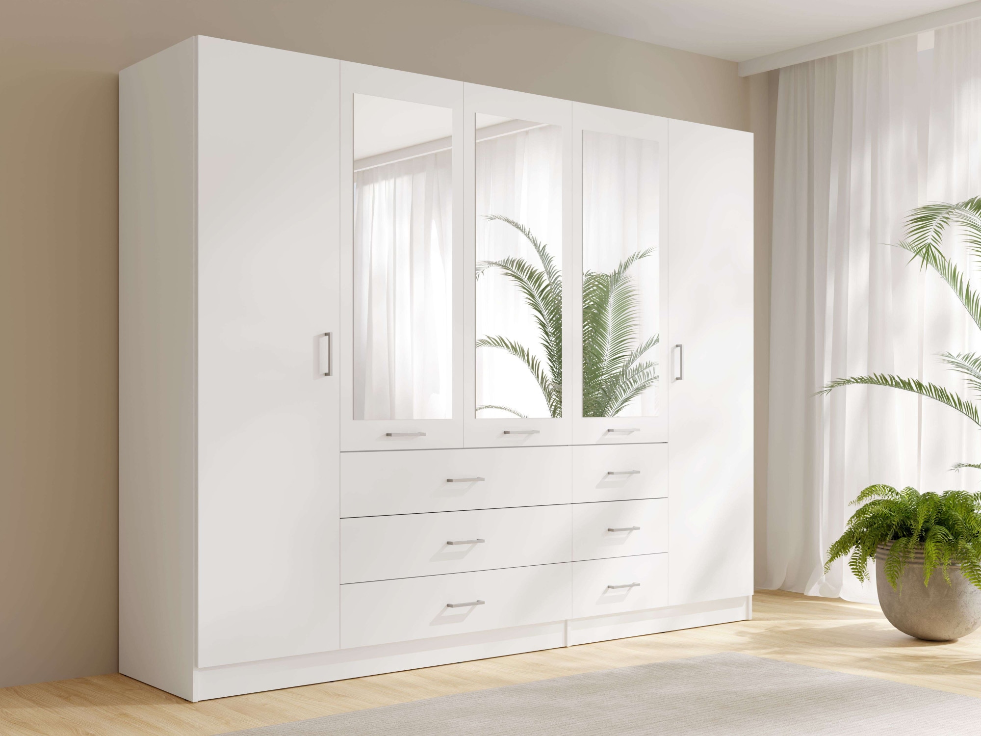Home affaire Kleiderschrank »KOS Garderobe mit 6 Schubladen, Kleiderstange, 5 Einlegeböden, Spiegel« Wäscheschrank mit 5 Drehtüren, silber Griffen, Masse B/H/T 250/200/58cm