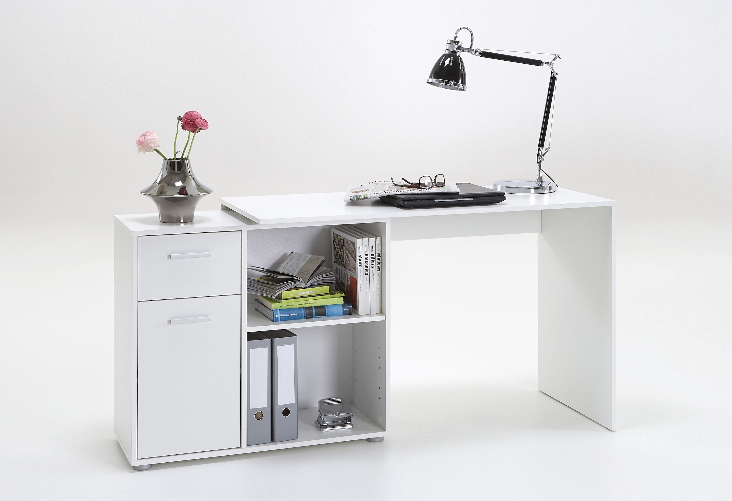 FMD Eckschreibtisch »AUGSBURG«, Schreibtisch/Sideboard m. Stauraum, beidseitig montierb., 117/148 cm