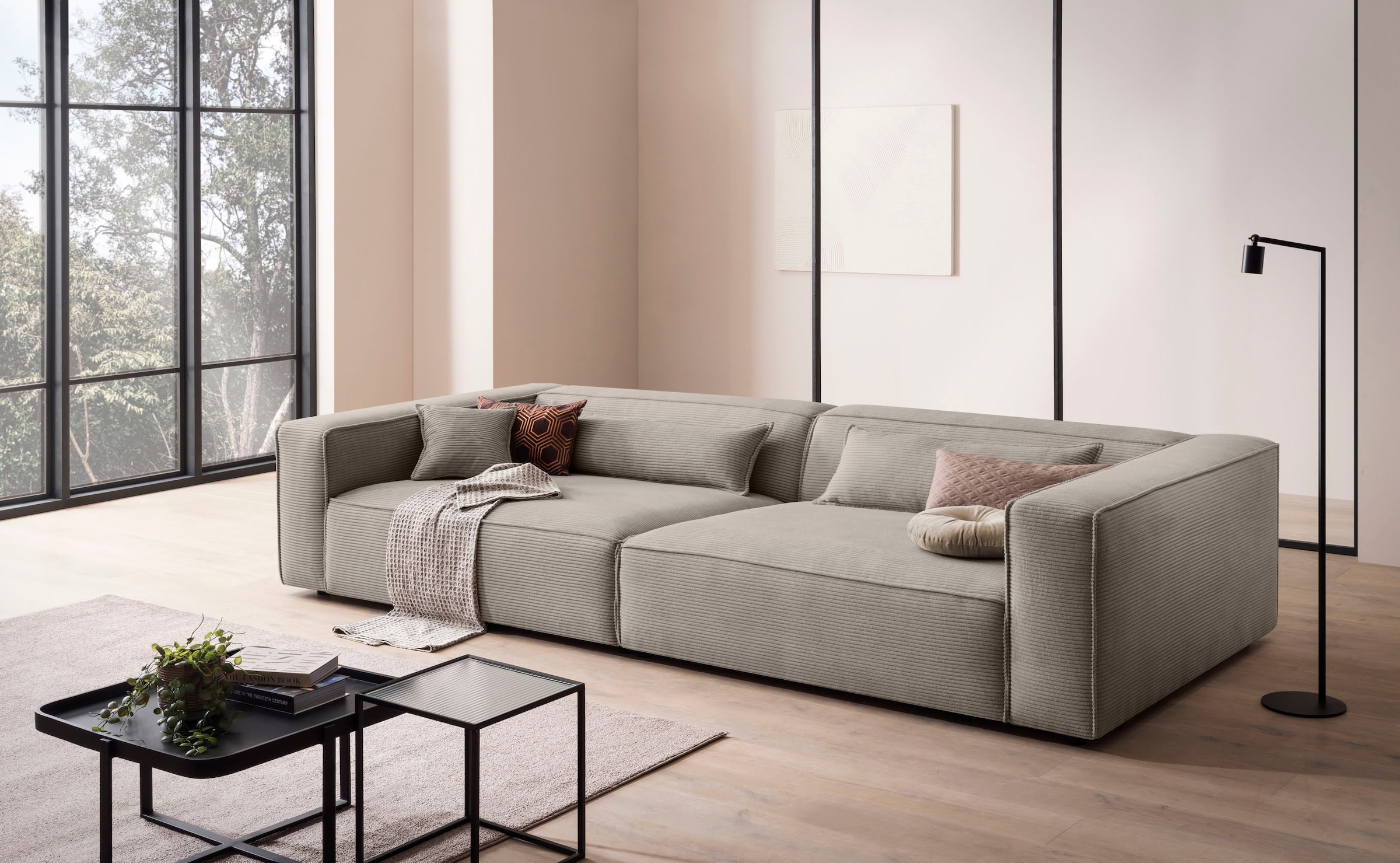 LeGer Home by Lena Gercke 3-Sitzer »PIARA, XXL Sofa mit Kedernaht, Big-Sofa in Cord oder Leinenoptik«, schwarze Füsse, bequemer Sitzkomfort, extra tiefe Sitzfläche