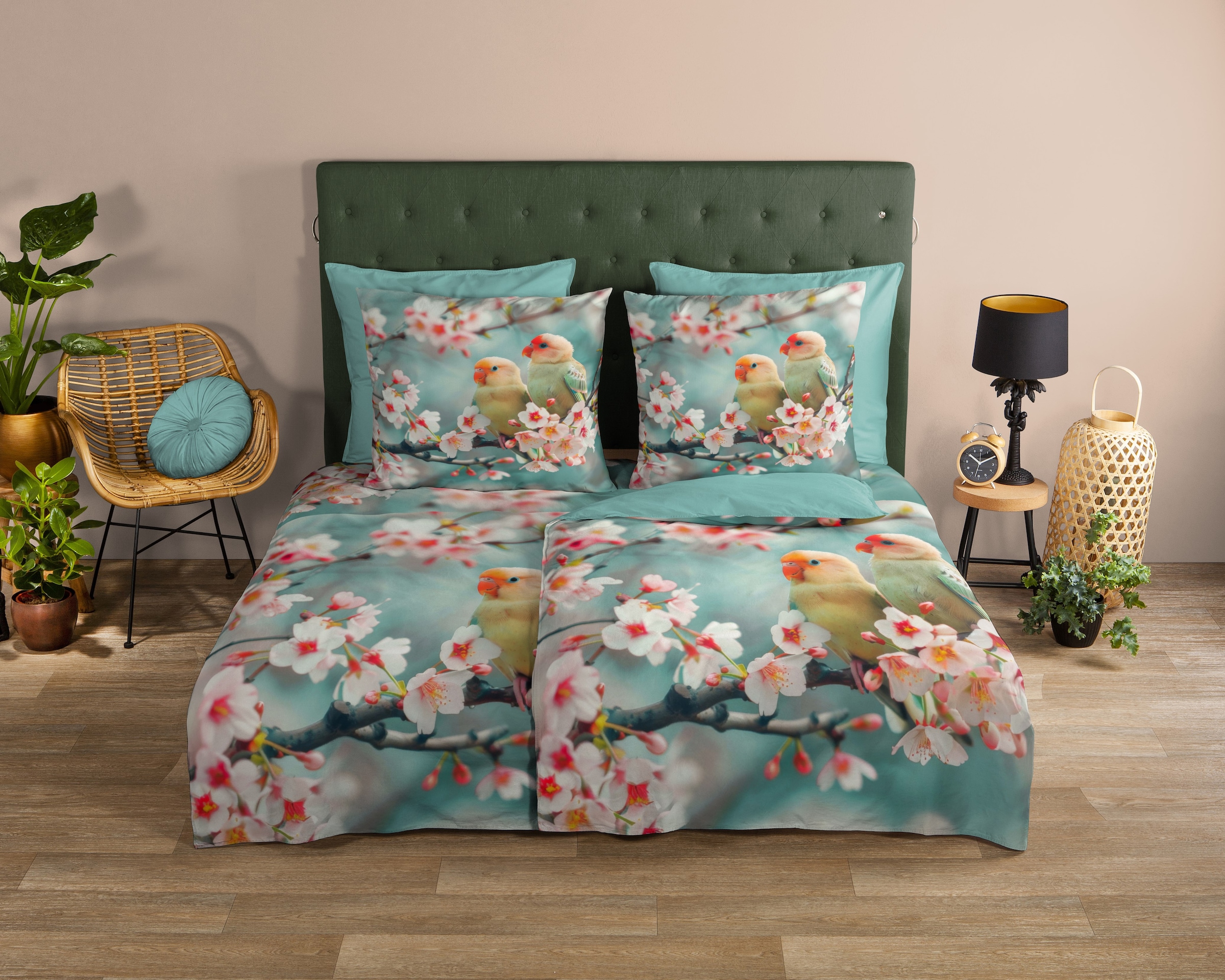 good morning Wendebettwäsche »Chibi«, 100% Baumwolle, Renforcé, Reissverschluss, Wendeoptik, Vogel, aqua