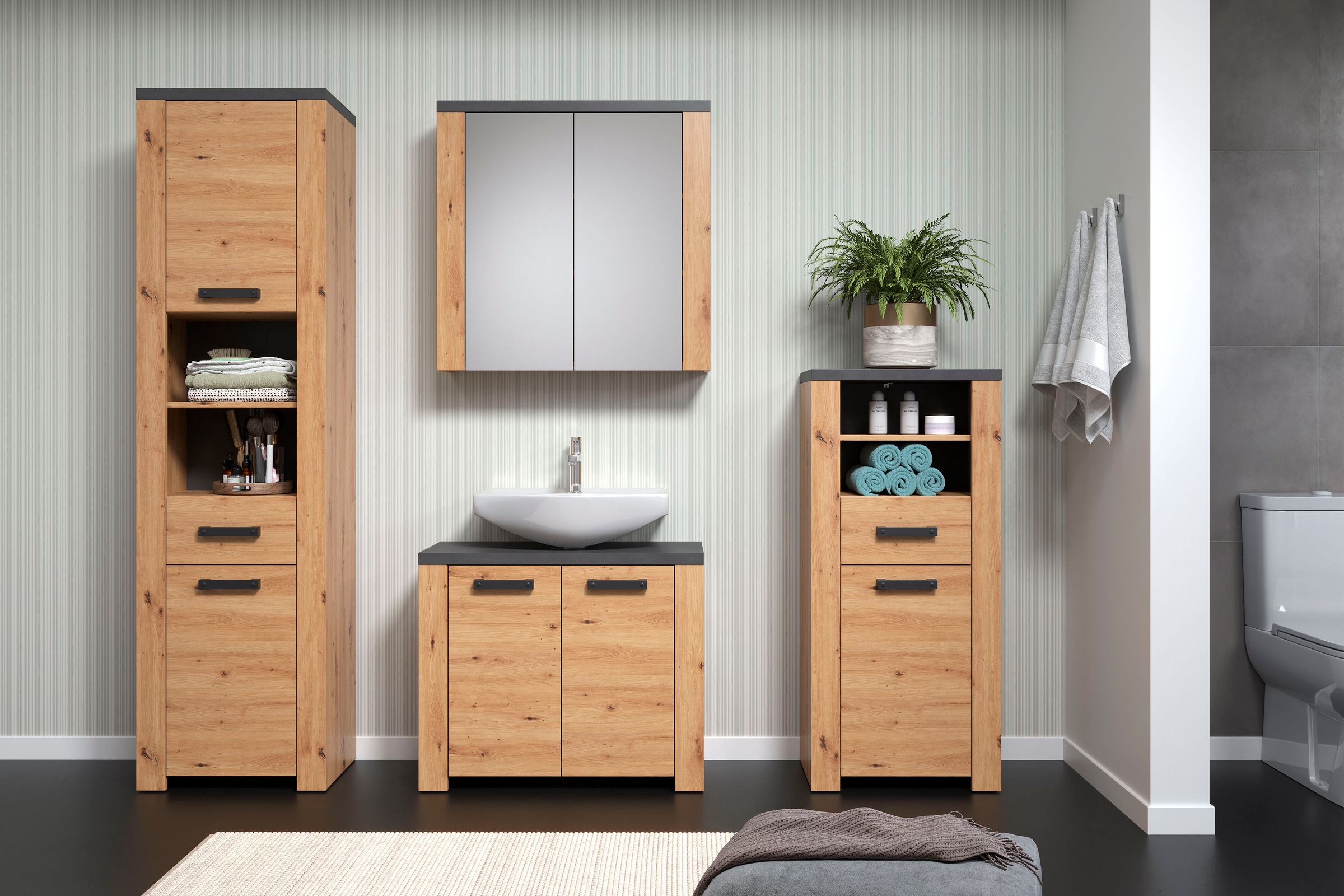 Home affaire Midischrank »Ambres«, (1 St.), Badschrank in matter Echtholzoptik - Masse (B/T/H) 53/35/118 cm