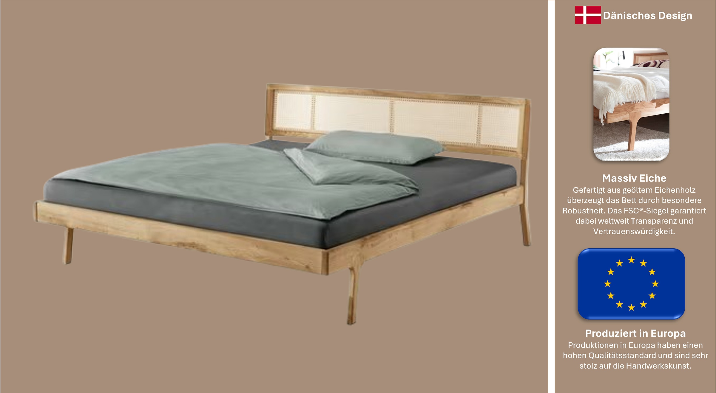 andas Bett »Hällevik Doppelbett, Massivholzbett, hyggeliger Stil«, massive FSC-zertifizierte Eiche geölt, Kopfteil mit Wiener Geflecht