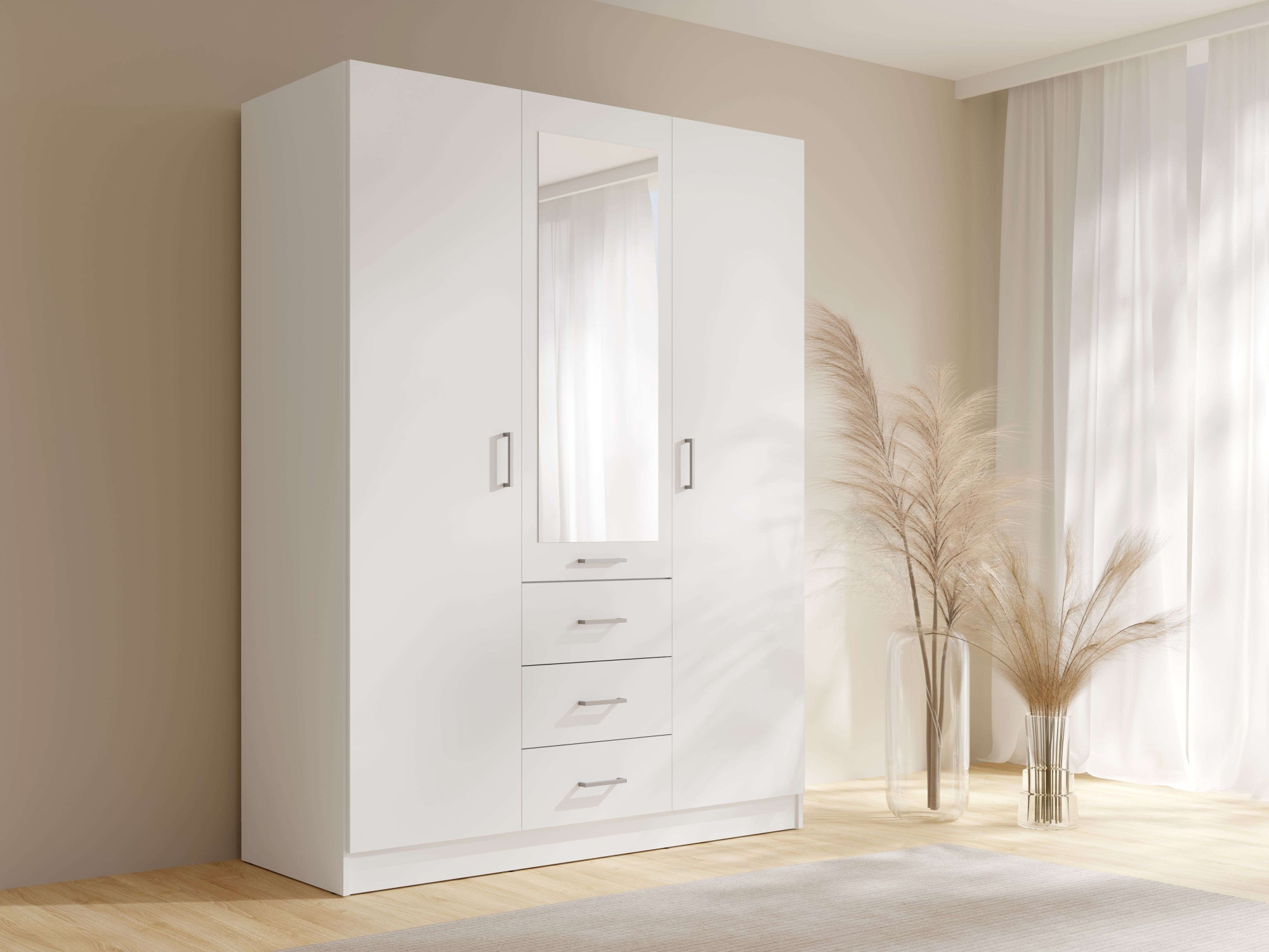 Home affaire Kleiderschrank »KOS Garderobe mit 3 Schubladen, Kleiderstange, 4 Einlegeböden, Spiegel« Wäscheschrank mit 3 Drehtüren, silber Griffen, Masse B/H/T 150/200/58cm