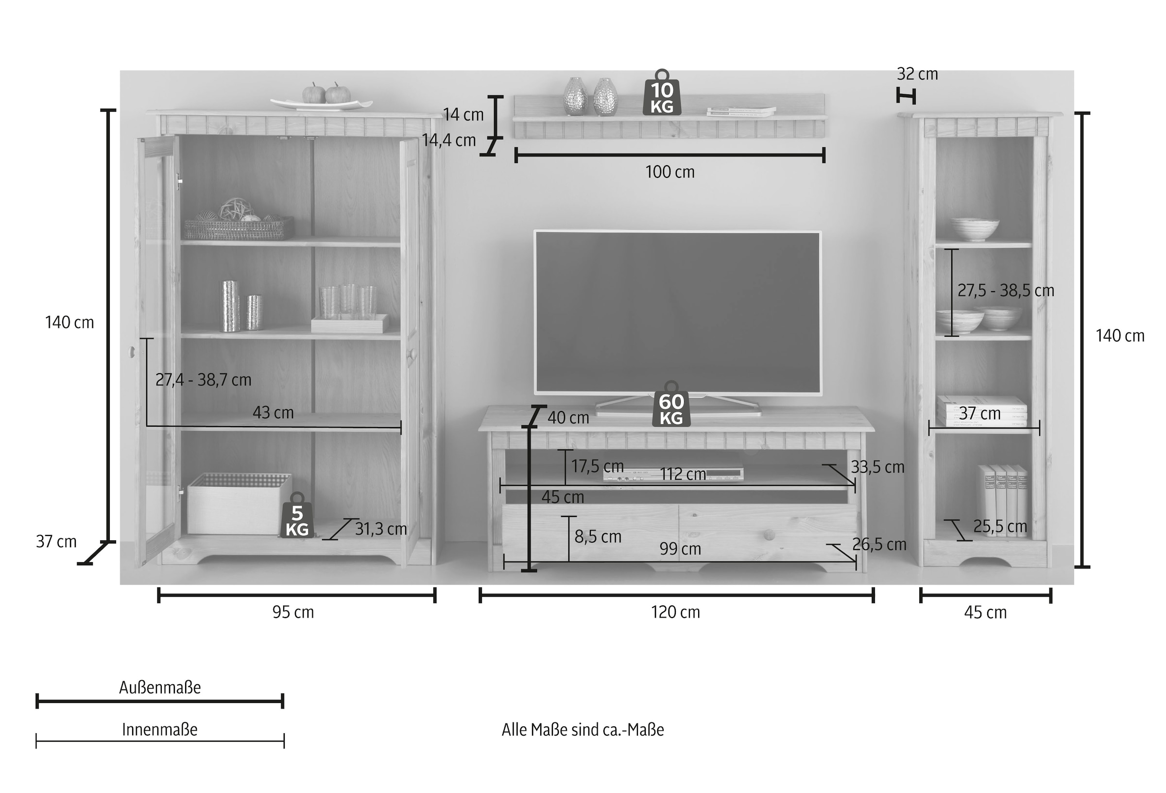 Home affaire Wohnwand »Poehl«, (Set, 4 St.), aus massiver Kiefer, mit dekortiven Fräsungen