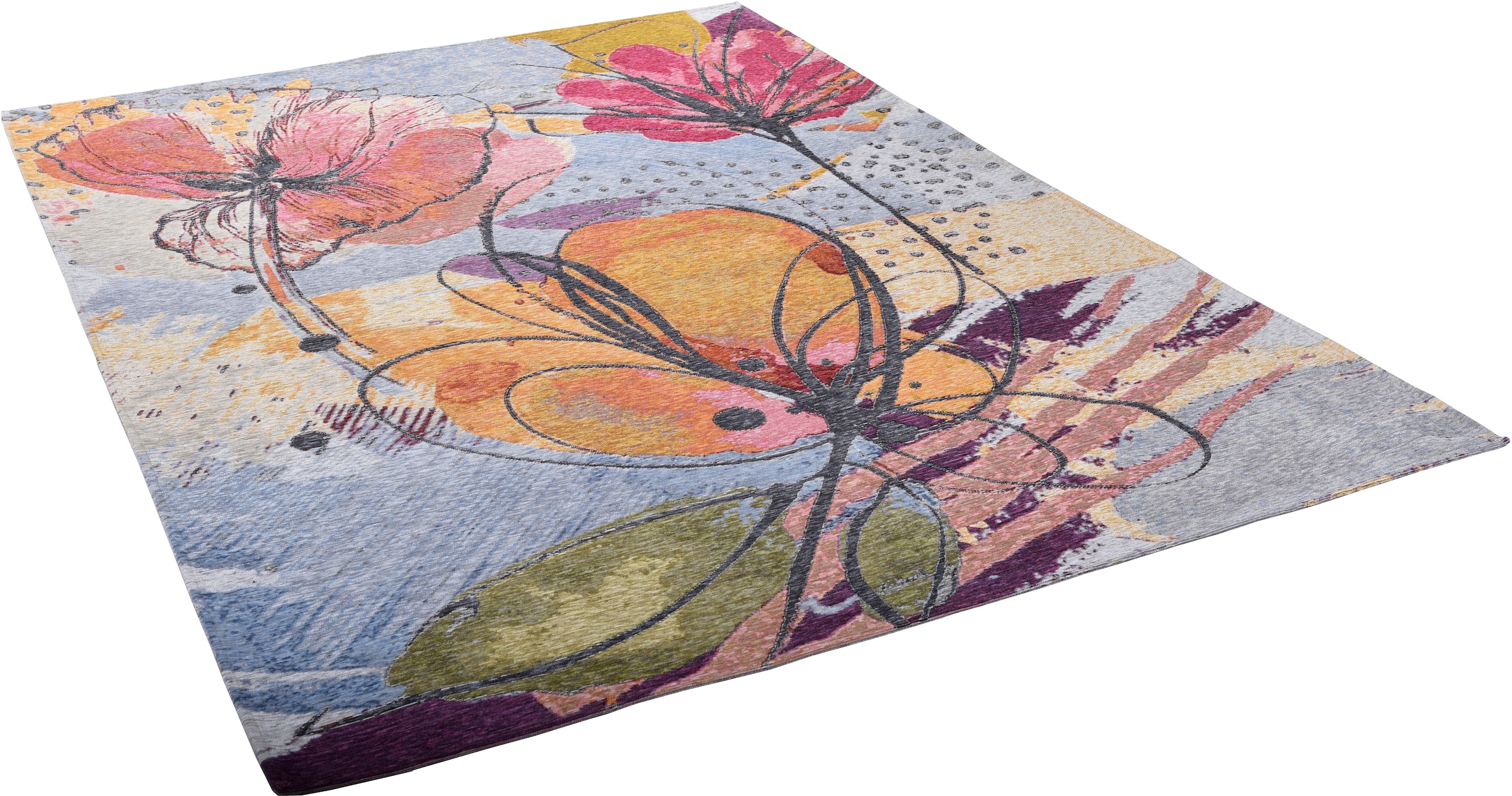 Gino Falcone Teppich »Cosima-113«, rechteckig, 3 mm Höhe, flachgeweber Jaquard-Teppich, mit Chenillegarn, modernes Blumen Design