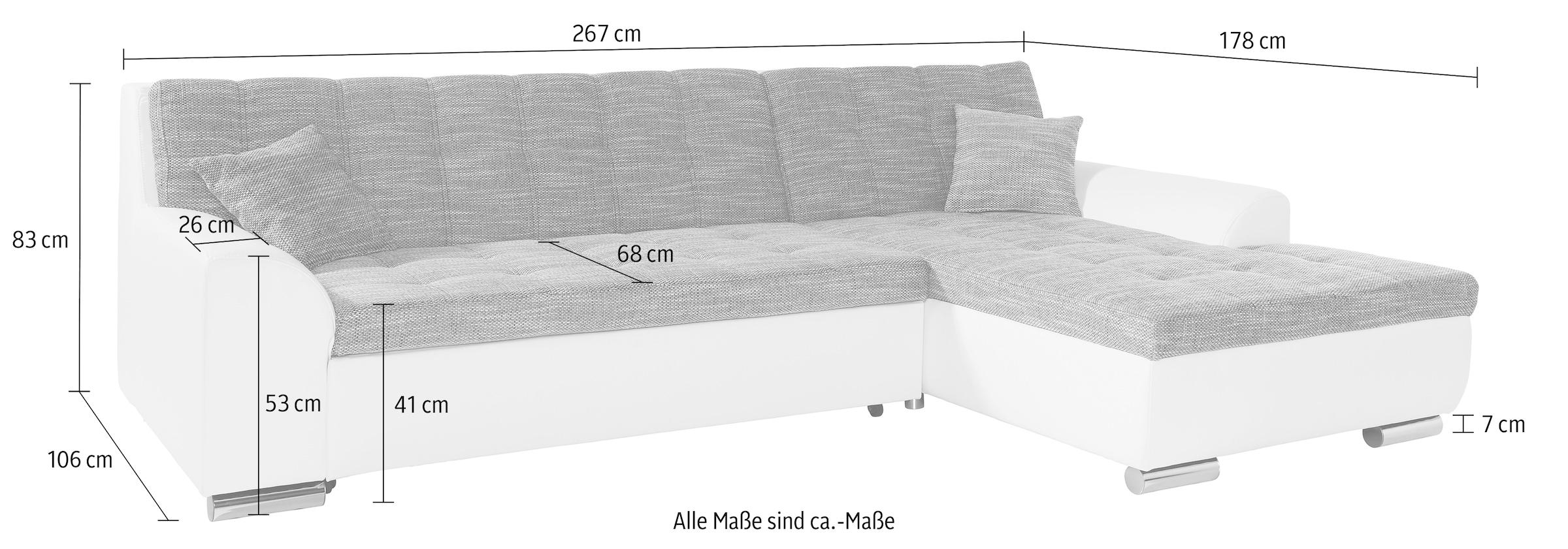 DOMO collection Ecksofa »Treviso viele Bezüge, auch in Cord, L-Form, B/T/H: 267/80/83 cm«, wahlweise mit Bettfunktion, incl. Zierkissen, hochwertige Steppung