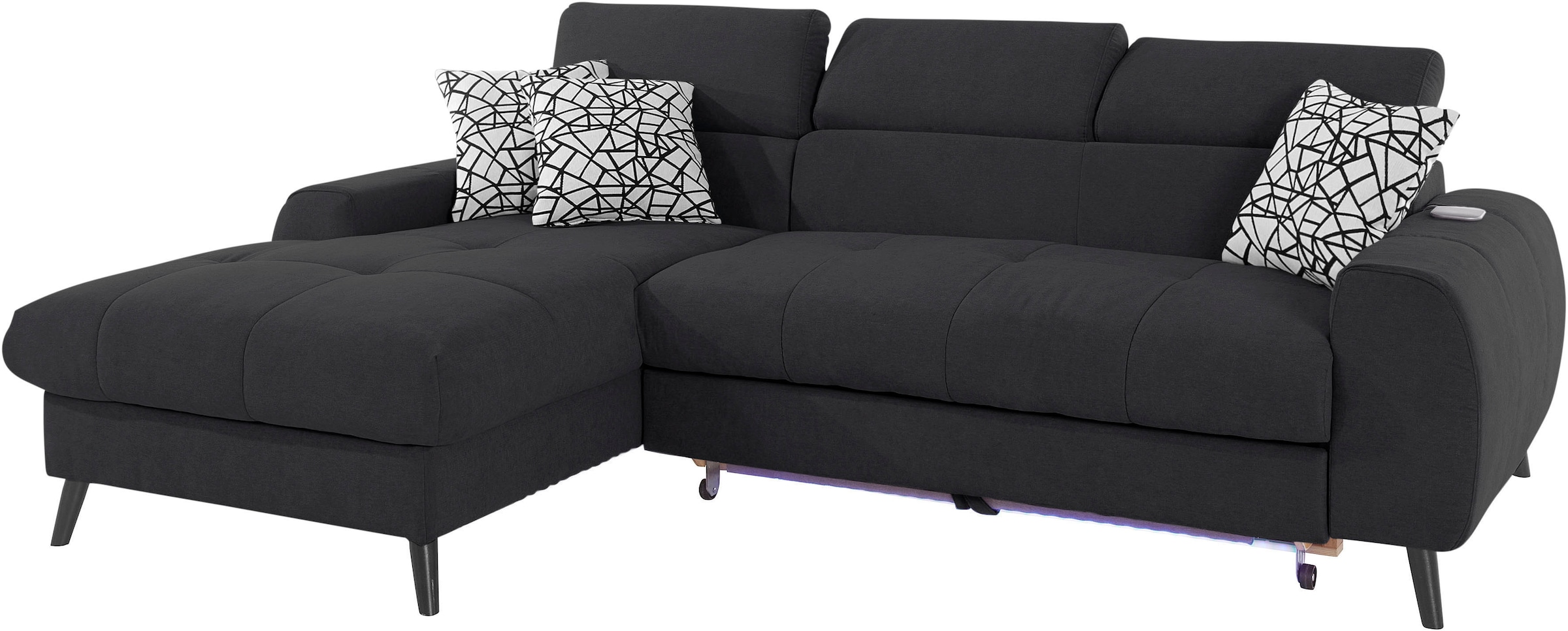 COTTA Ecksofa »Mia L-Form mit 3 Zierkissen«, wahlweise mit Bettfunktion, Bettkasten, Beleuchtung & Wireless-Charger
