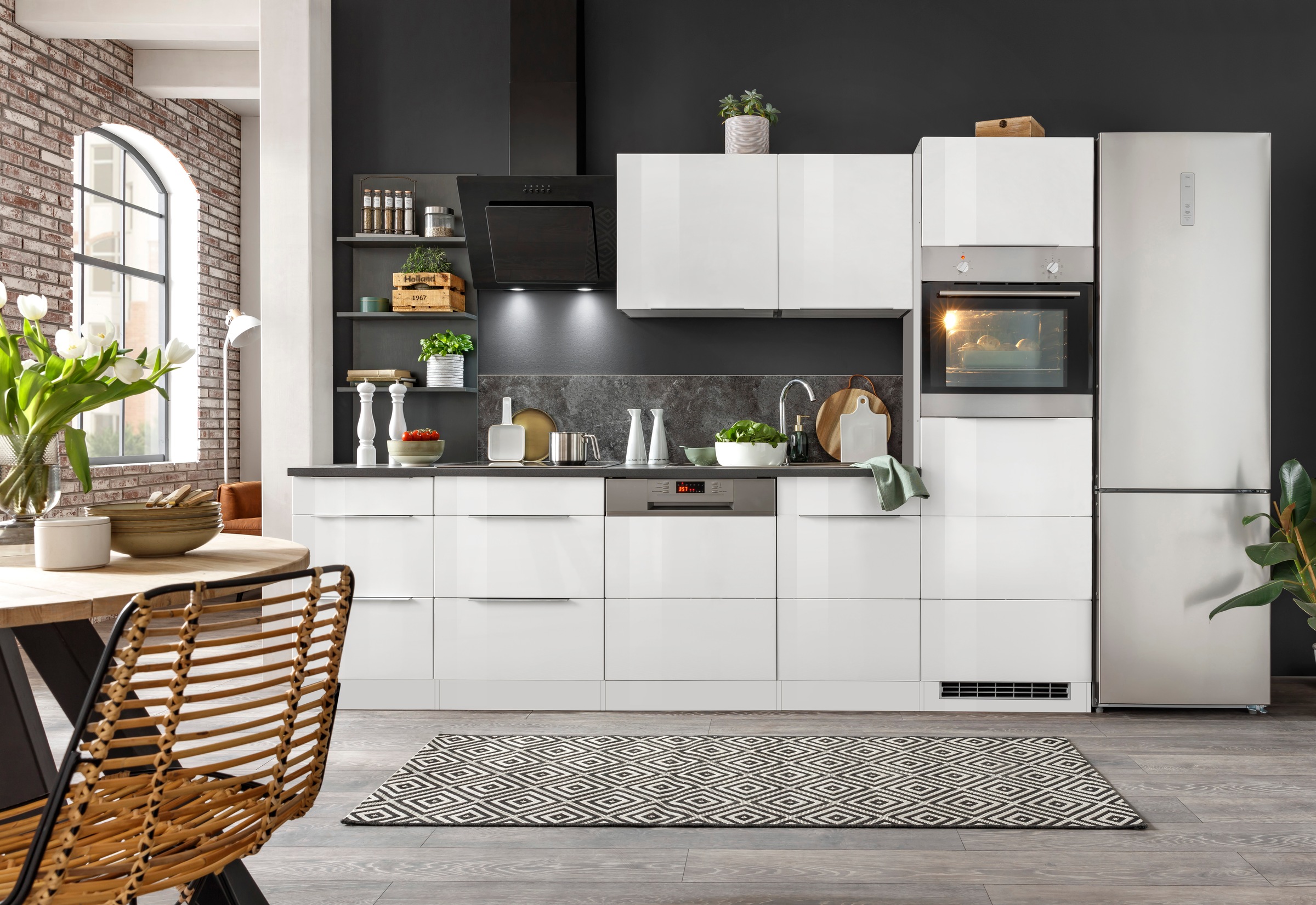 KOCHSTATION Küchenzeile "KS-Brindisi Breite 280 cm" wahlweise mit E-Geräten und Induktion, mit MDF-Fronten und Regal
