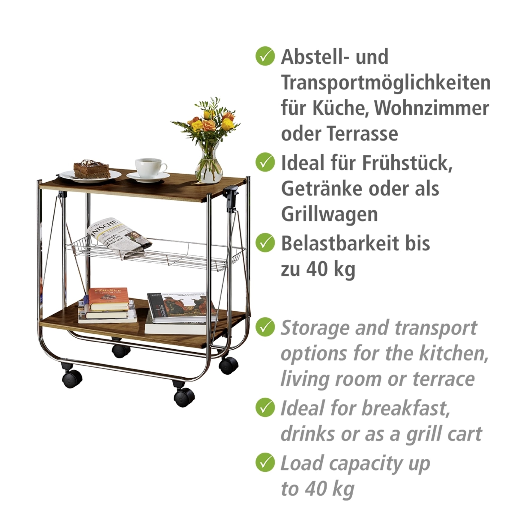 WENKO Servierwagen »Modell Dinett Deluxe«, Küchenwagen mit 2 Ablagen und Korb, 4 Rollen, zusammenklappbar